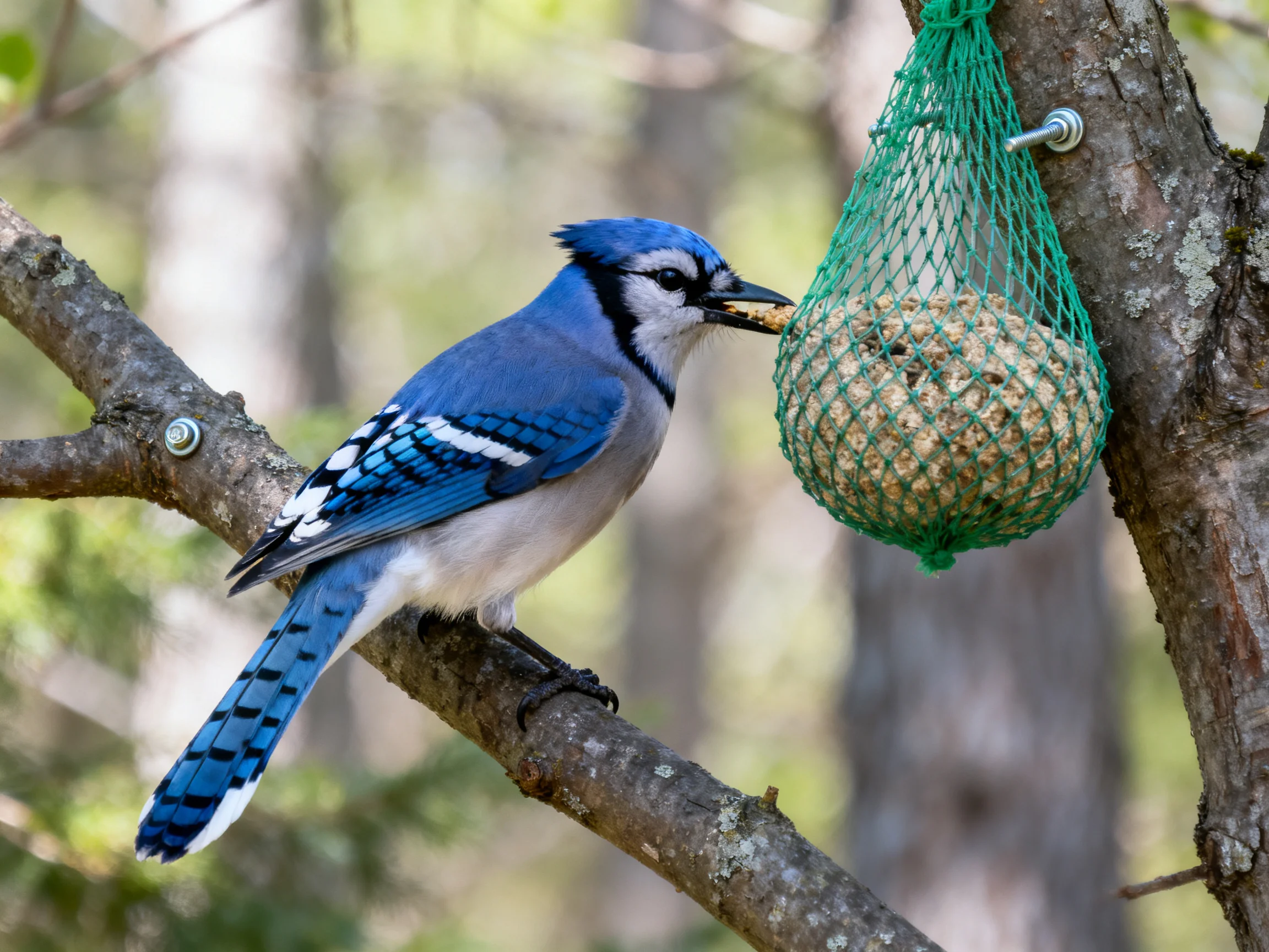 A blue jay perched on a branch near a green mesh bird feeder