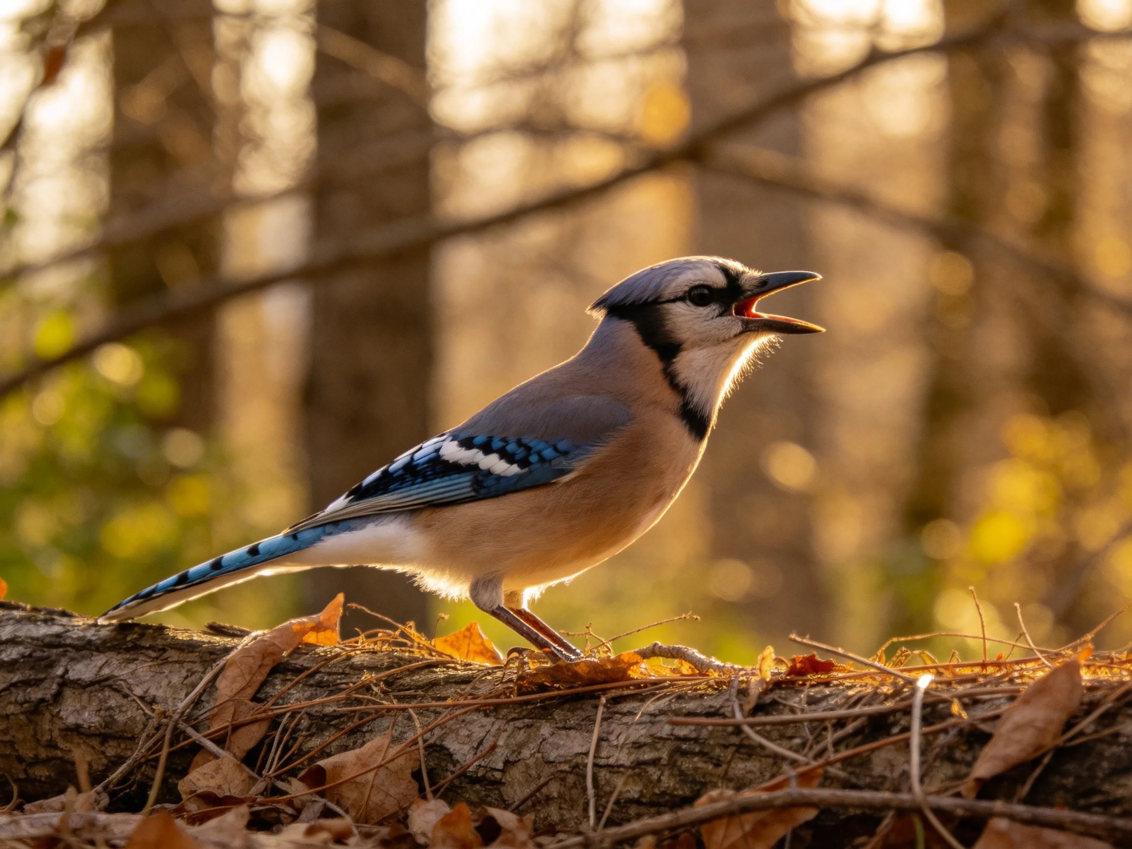 A blue jay perched on a fallen log amid autumn leaves and forest backdrop