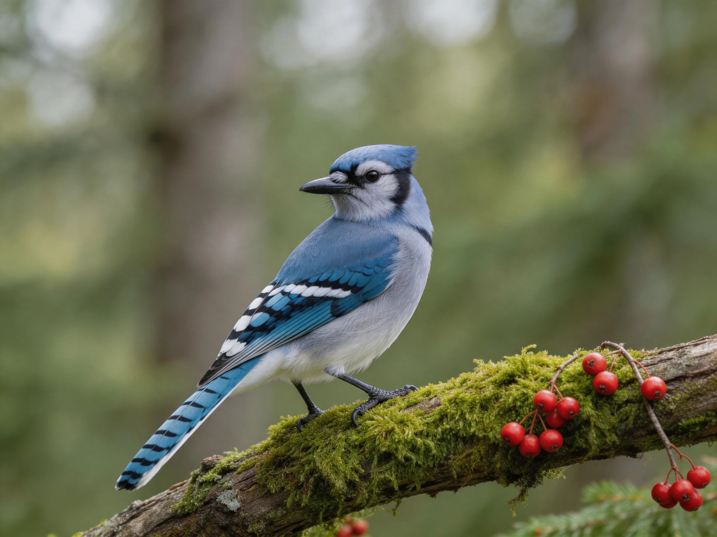 A blue jay perched on a moss-covered branch with red berries