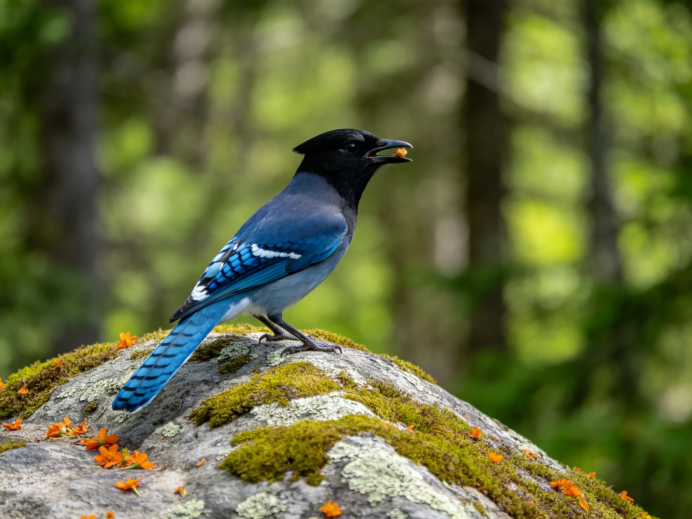 A blue jay perched on a moss-covered rock in a forest
