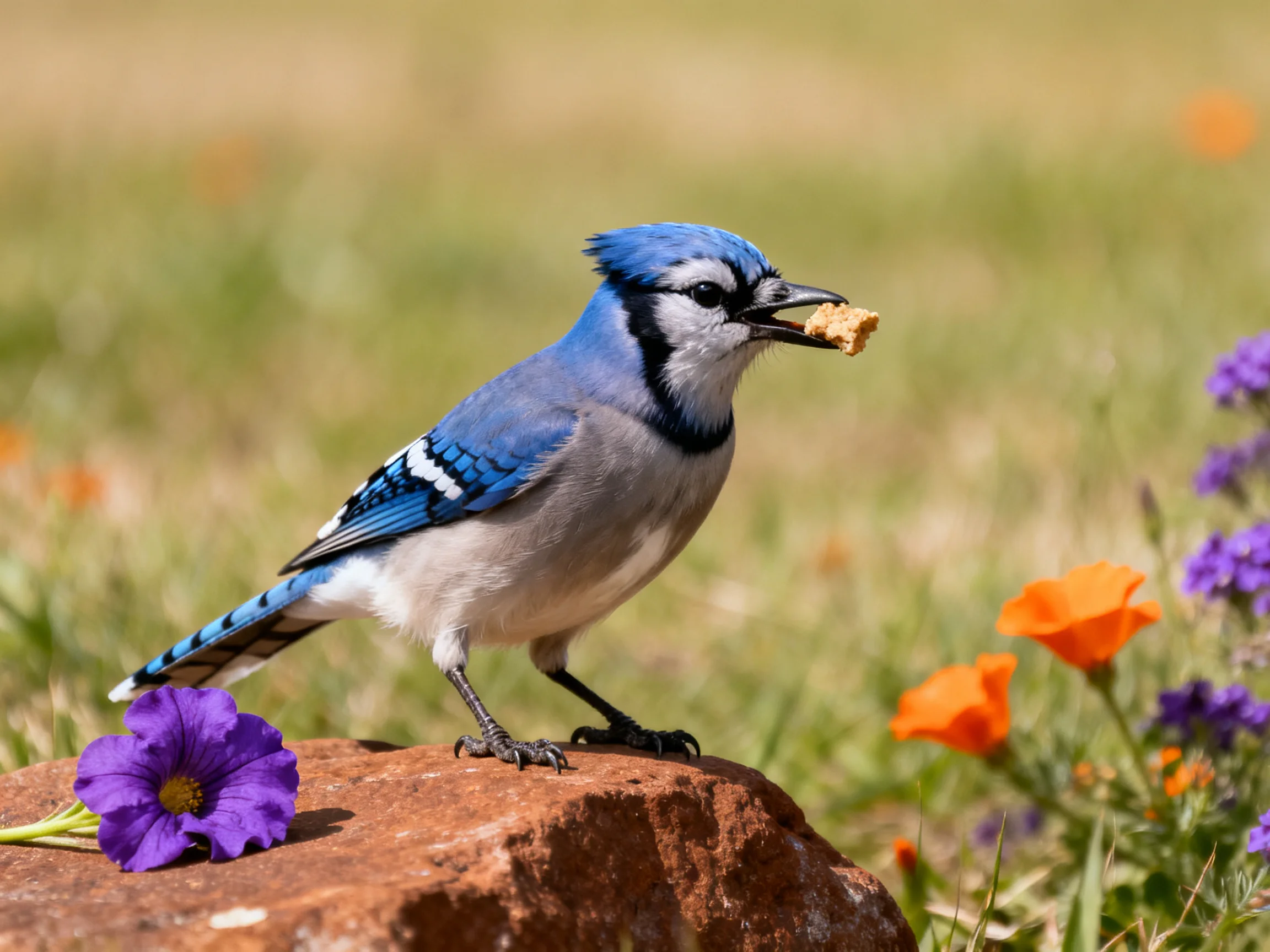 A blue jay perched on a rock near vibrant purple and orange flowers