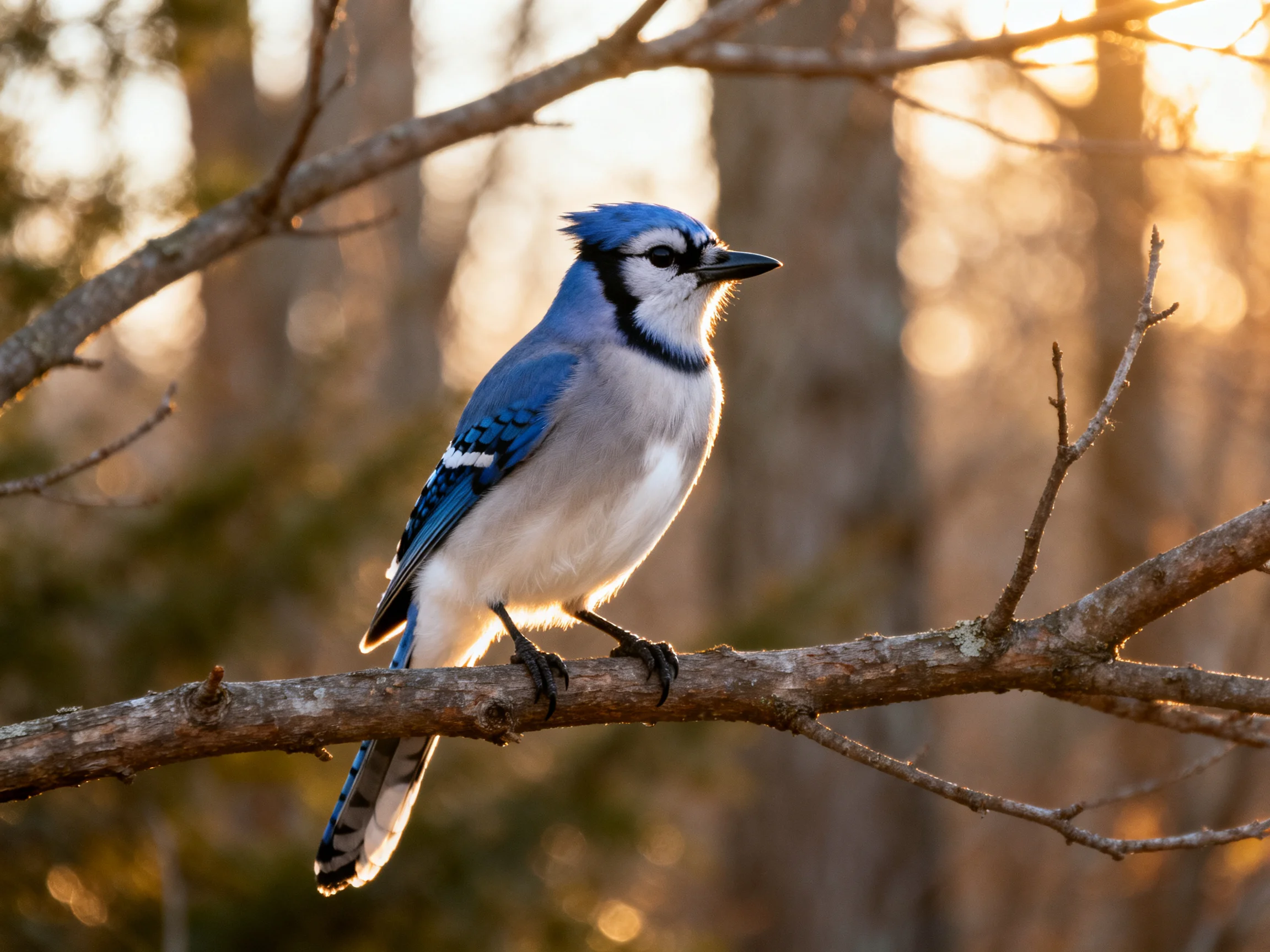 A blue jay perched on a tree branch during golden hour