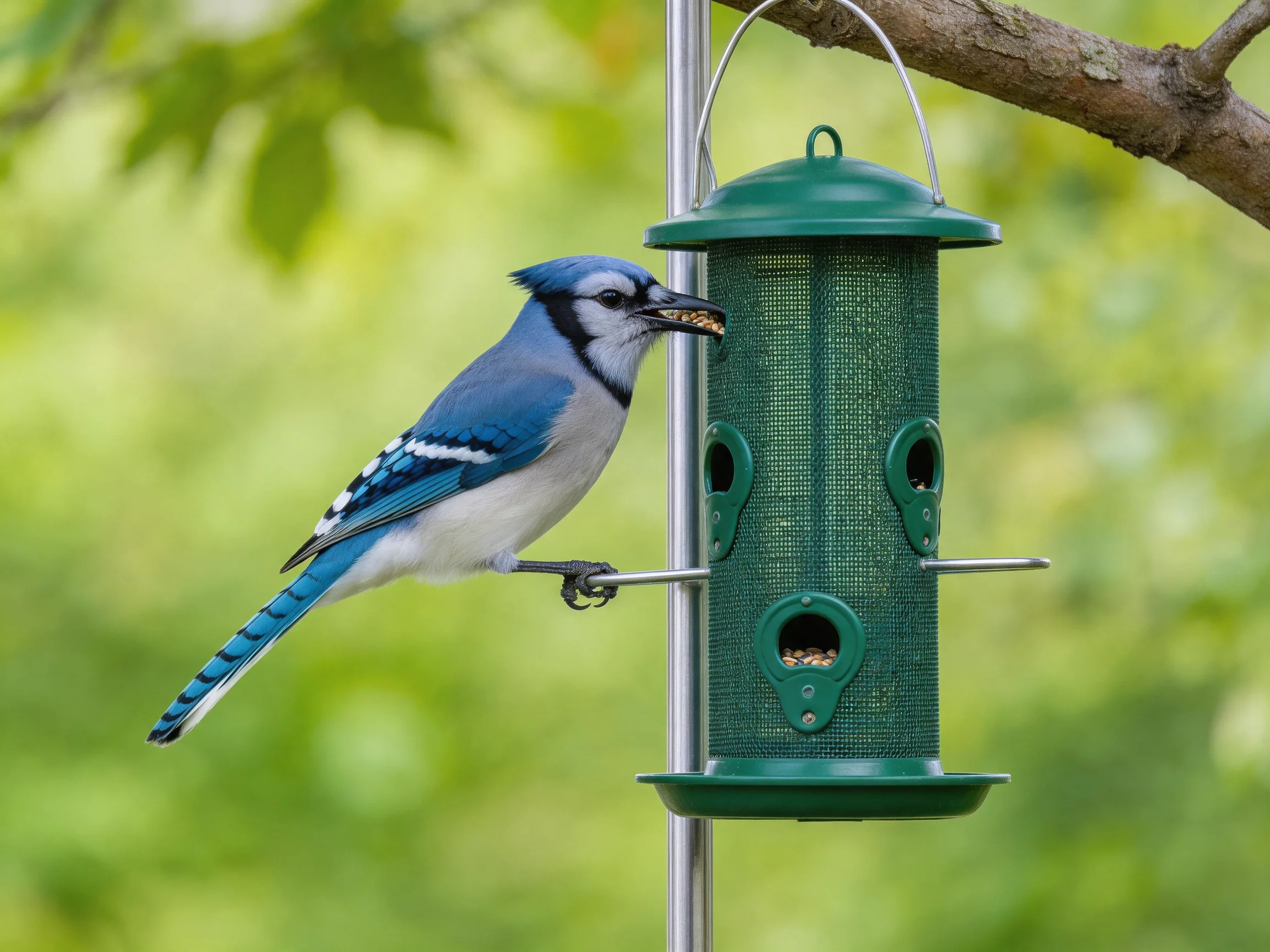 A blue jay perches on a green bird feeder