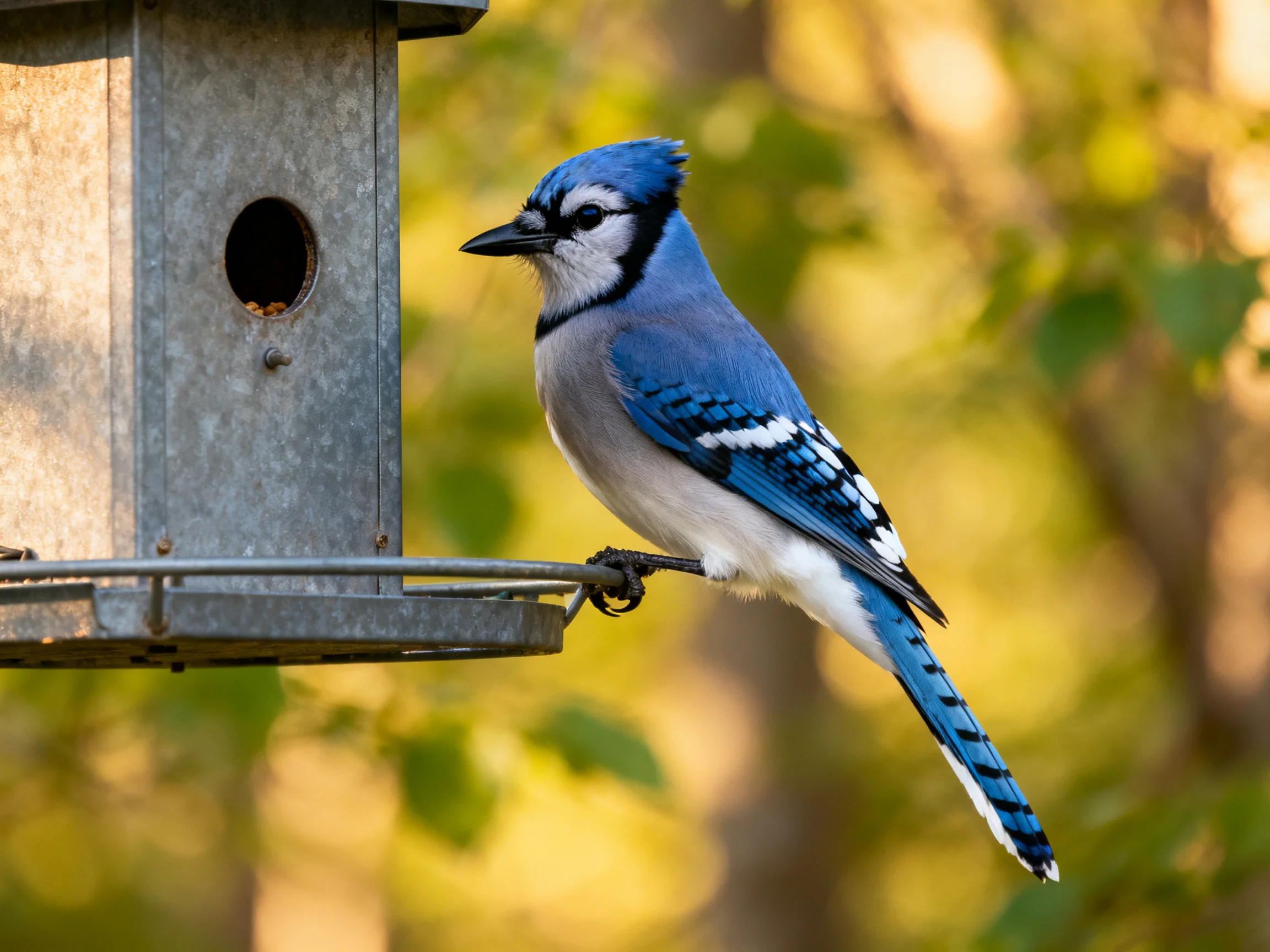 A blue jay perches on a metal bird feeder amid green foliage