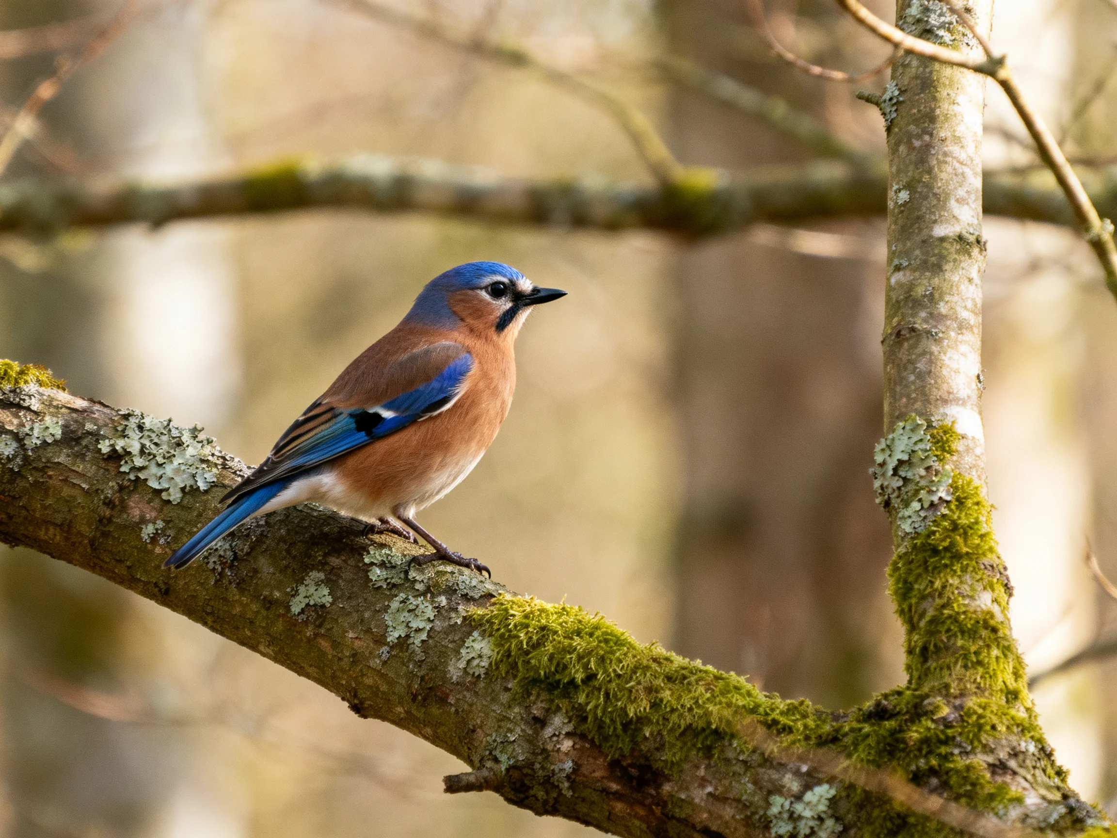 A blue jay perches on a moss-covered tree branch