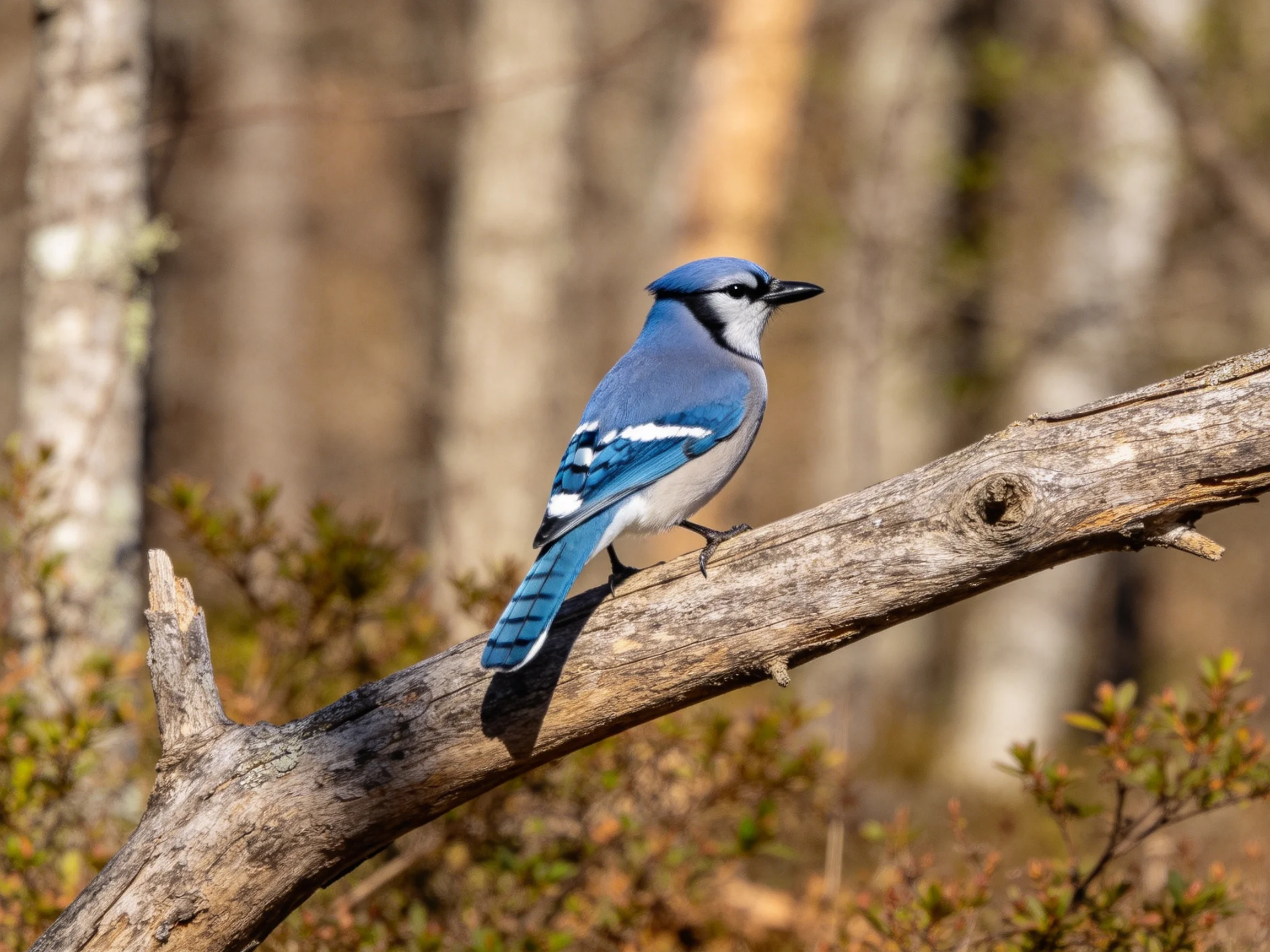 A blue jay perches on a weathered tree branch in a forest