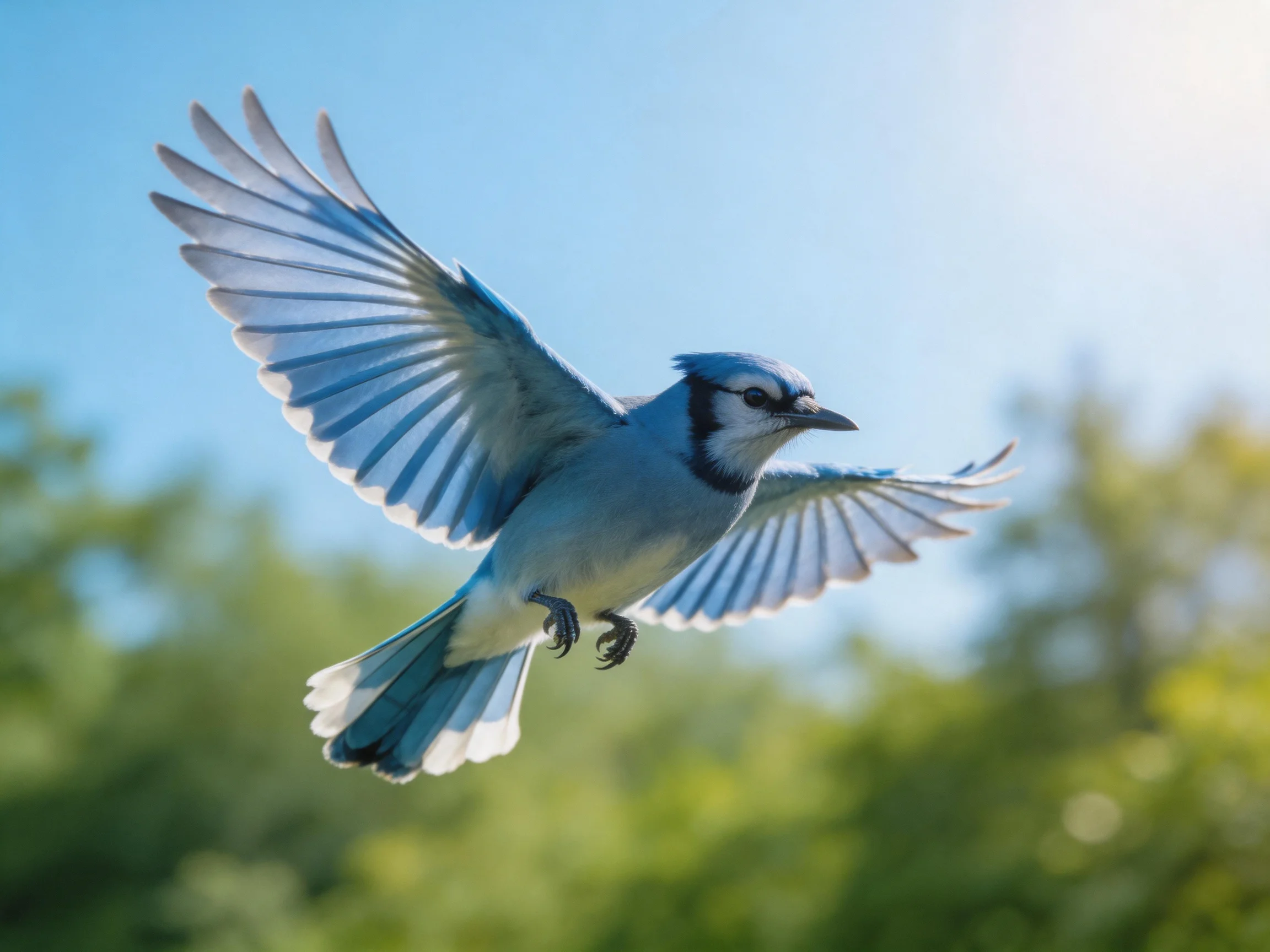 A blue jay soars with wings spread over green foliage under bright sky