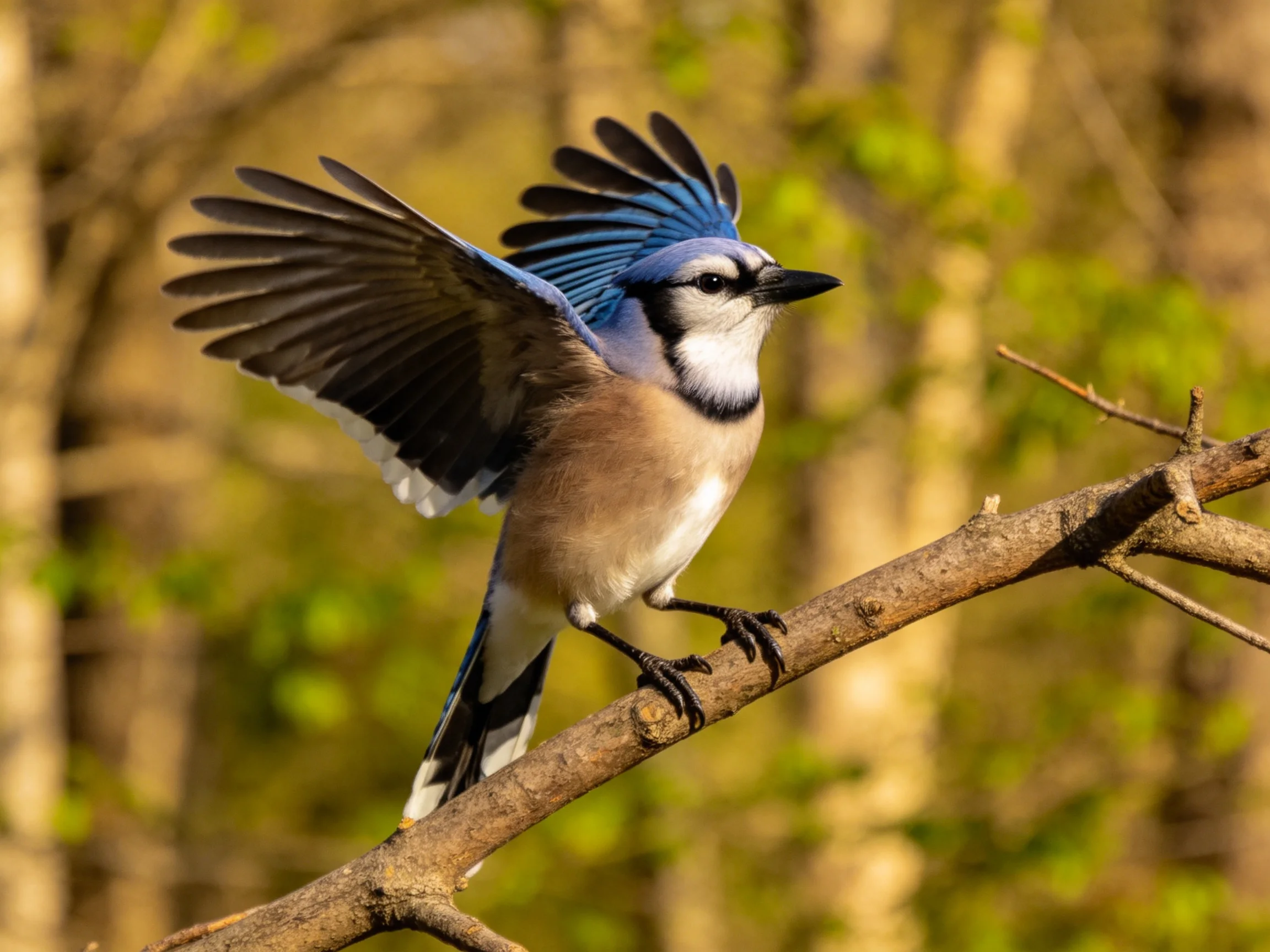 A blue jay spreads wings on a tree branch