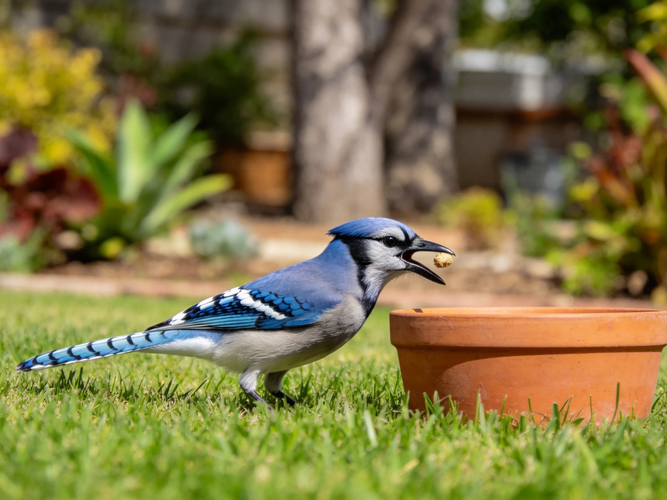 A blue jay with blue and white plumage stands by a terracotta pot on green grass