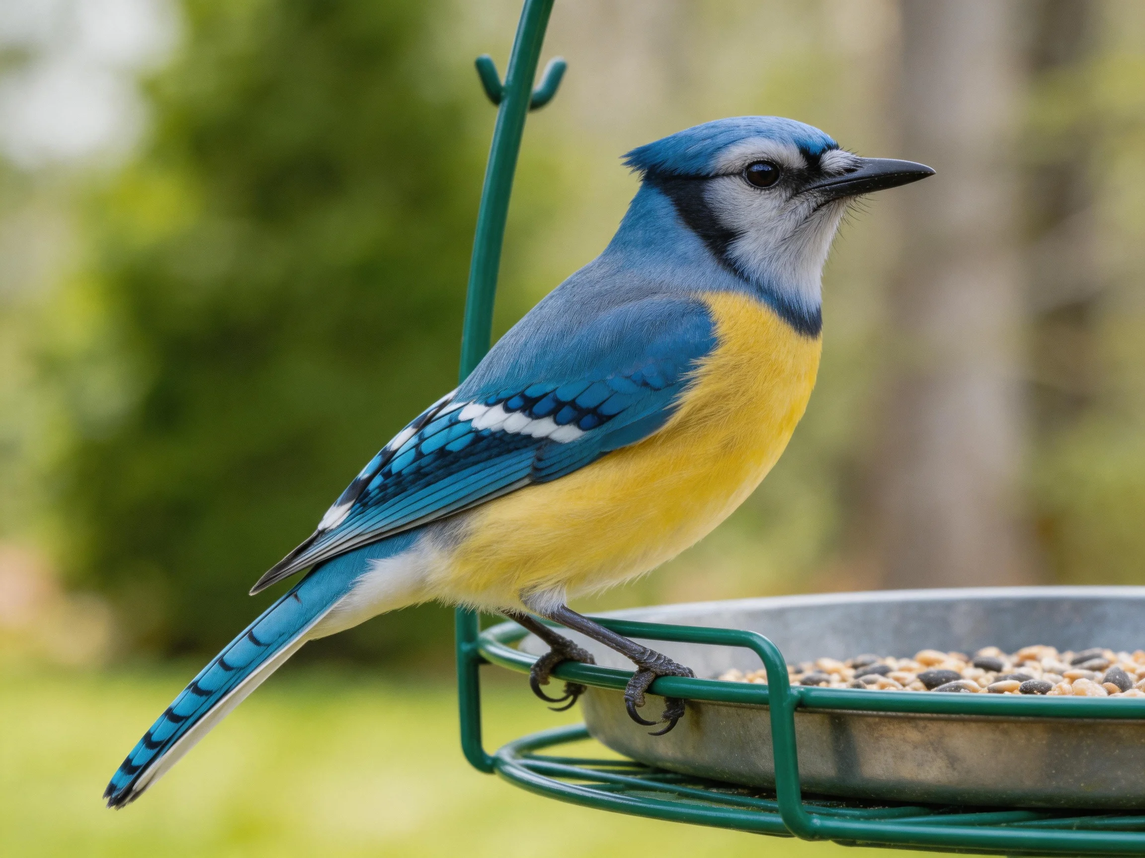 A blue jay with blue wings and yellow chest perches on a green feeder
