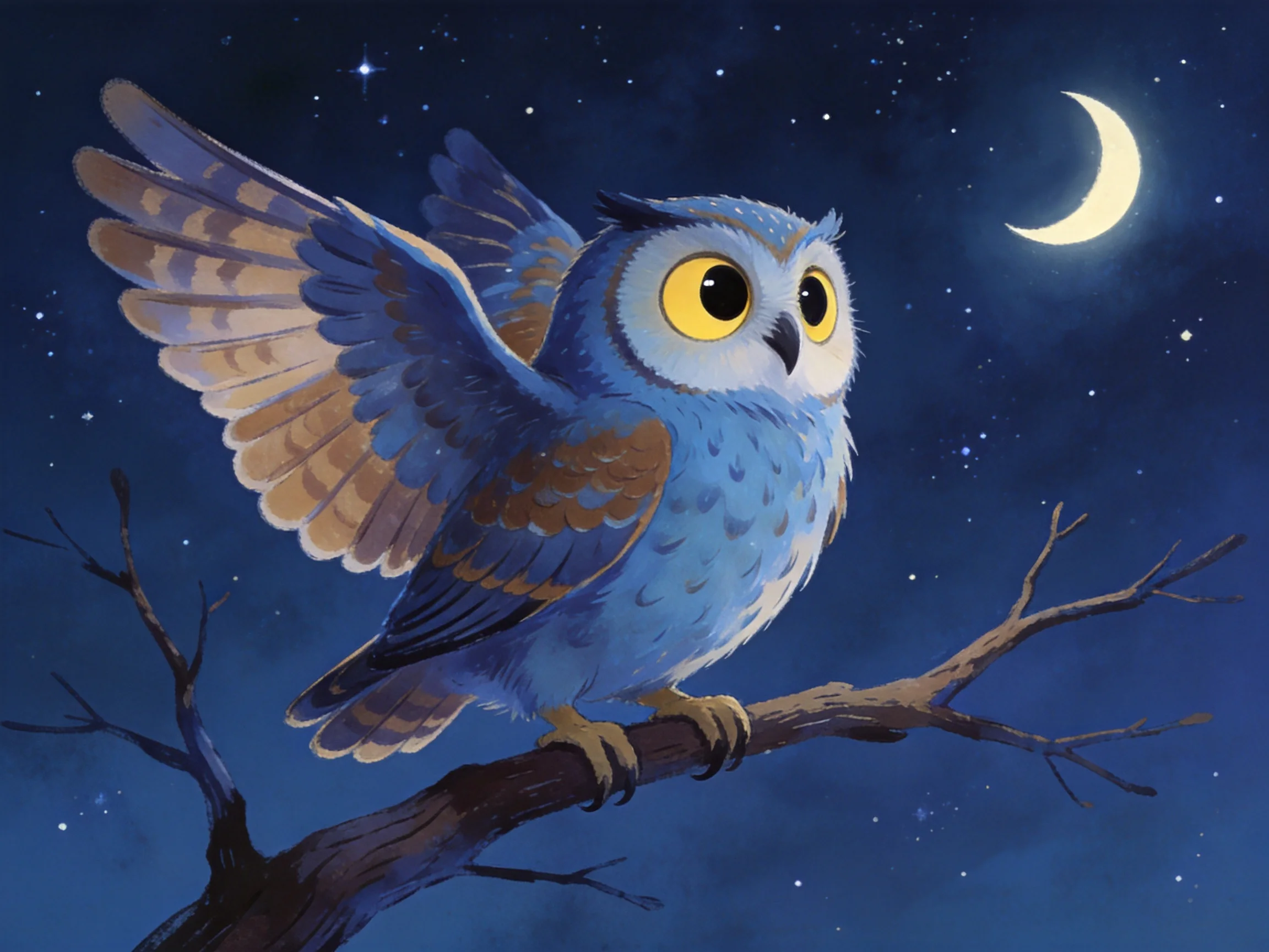 A blue owl perched on a bare tree branch under a crescent moon
