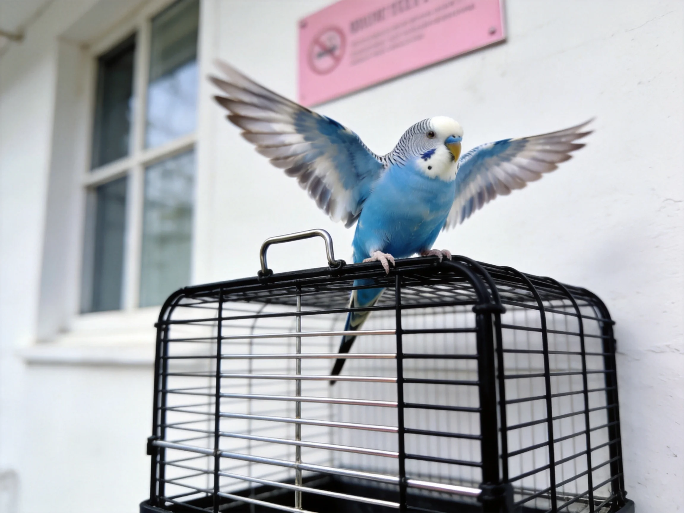 A blue parakeet spreads wings atop a black birdcage near a white building