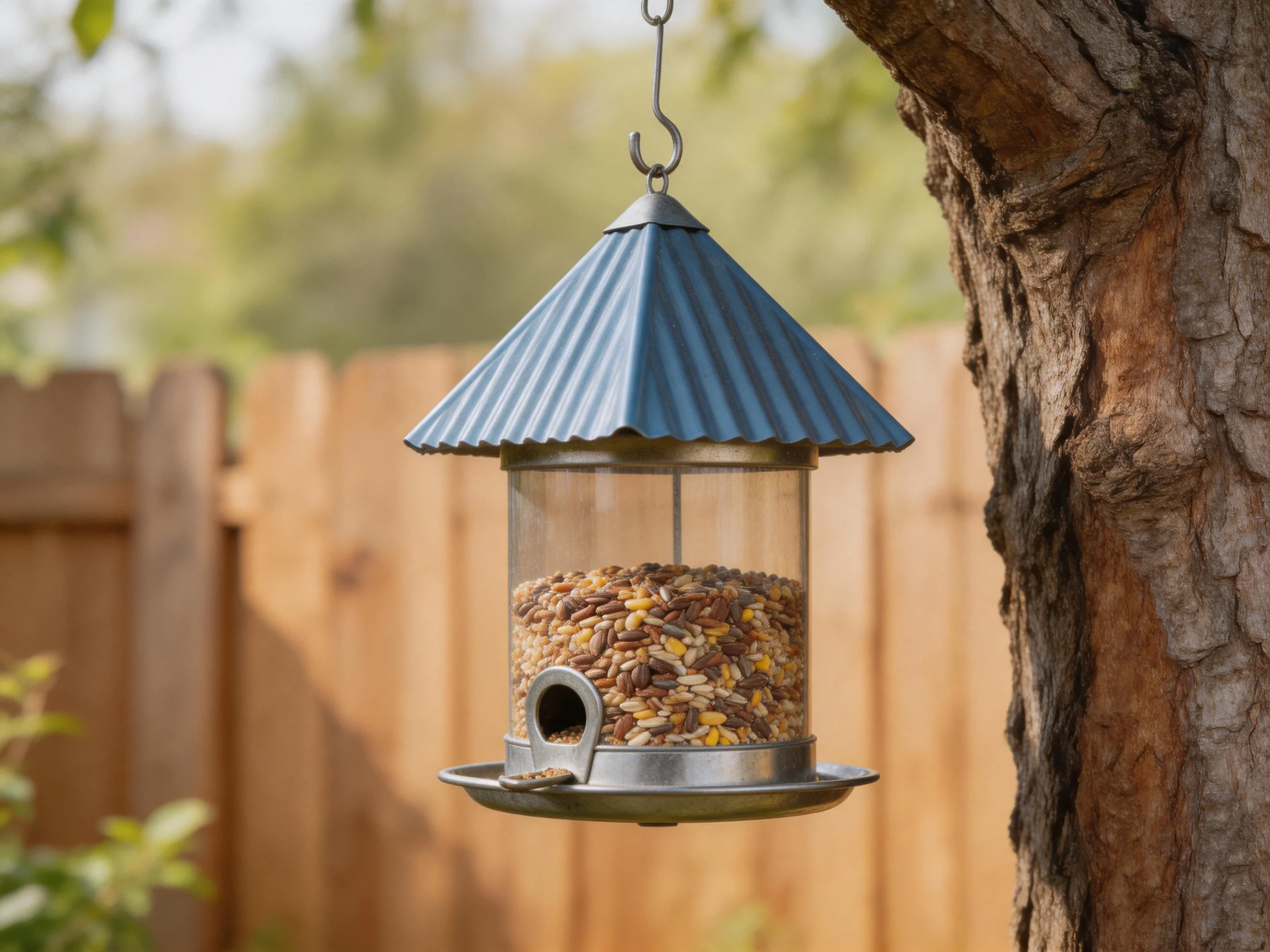 A blue-roofed glass bird feeder hangs from a tree near a wooden fence