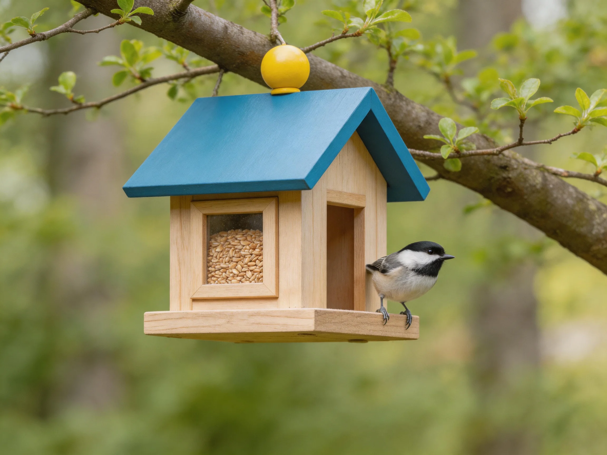 A blue-roofed wooden bird feeder hangs from a tree with a chickadee
