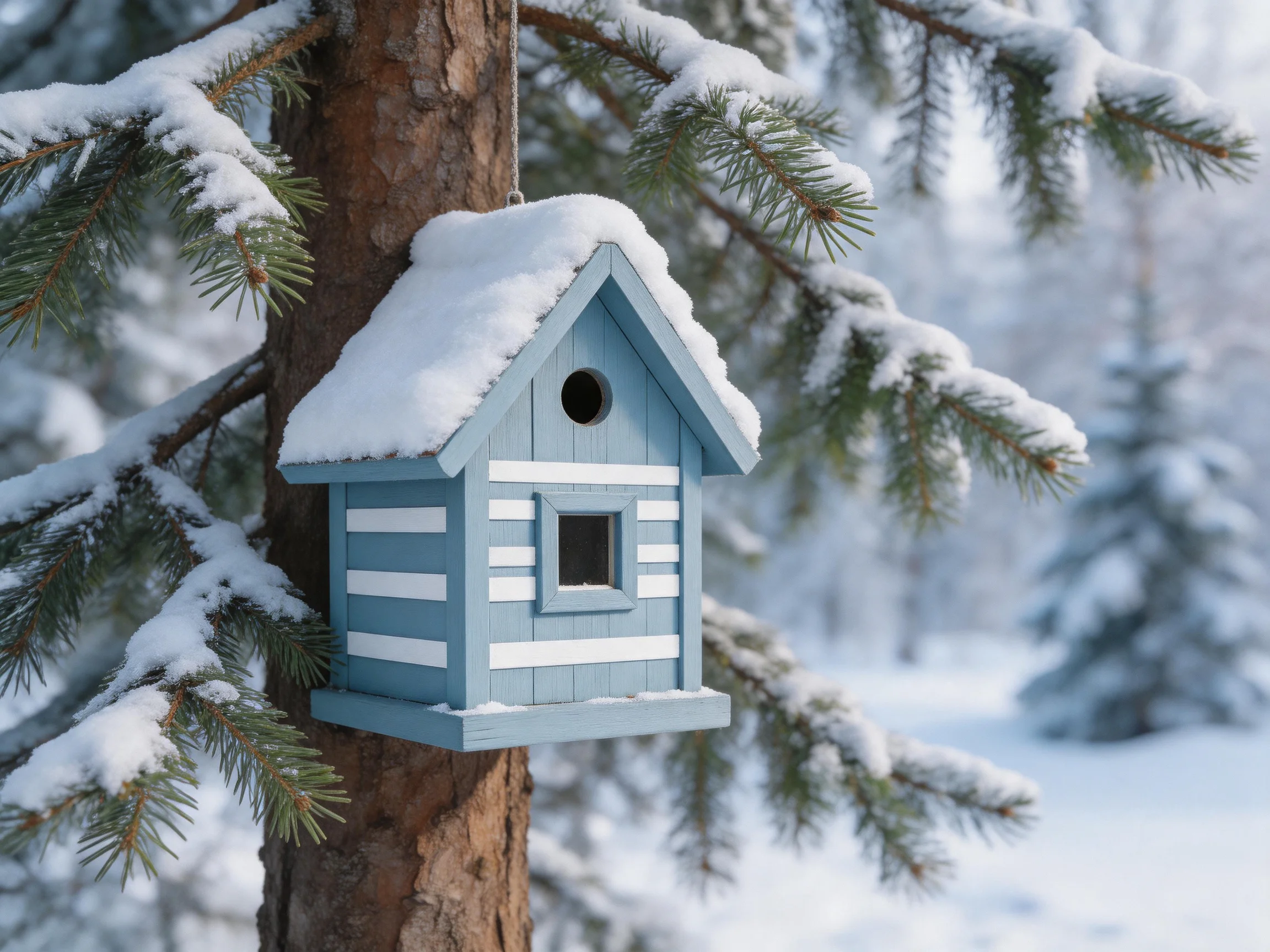 A blue striped birdhouse with white accents hangs from a snow-draped pine tree