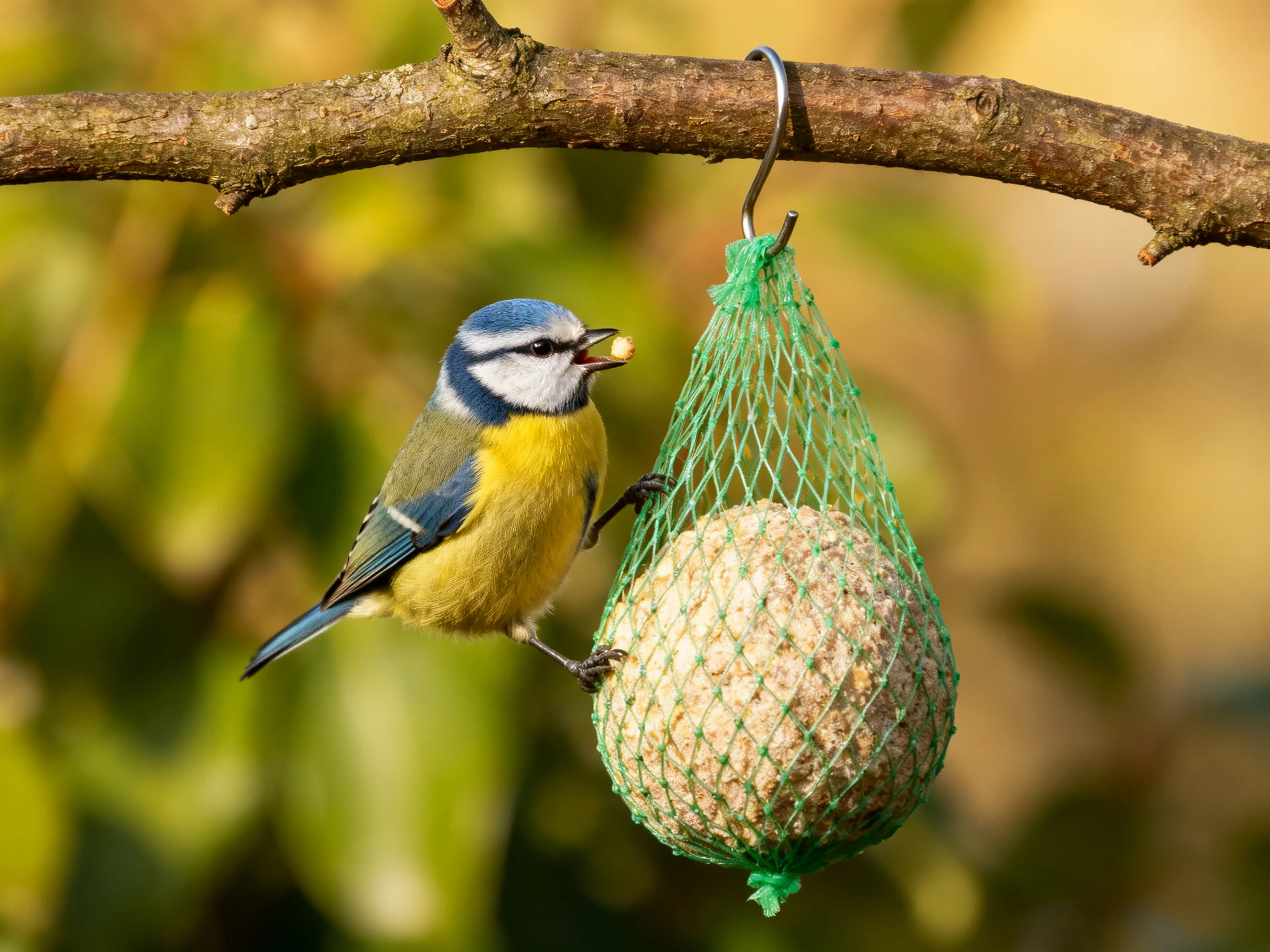 A blue tit approaches a green mesh bird feeder on a brown branch
