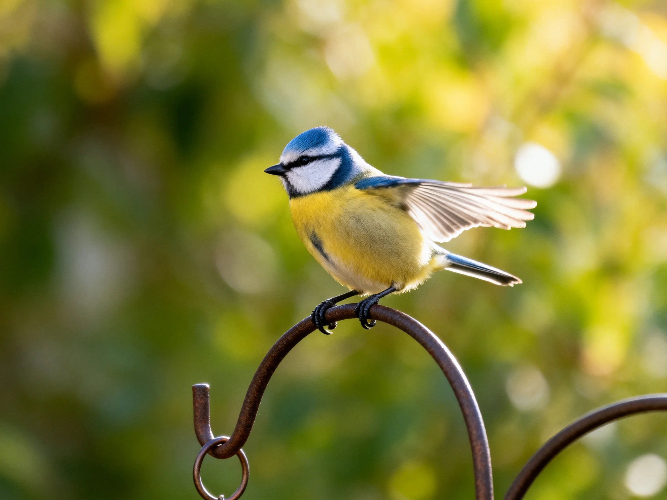 A blue tit bird with yellow chest perches on a metal hook amidst green foliage.