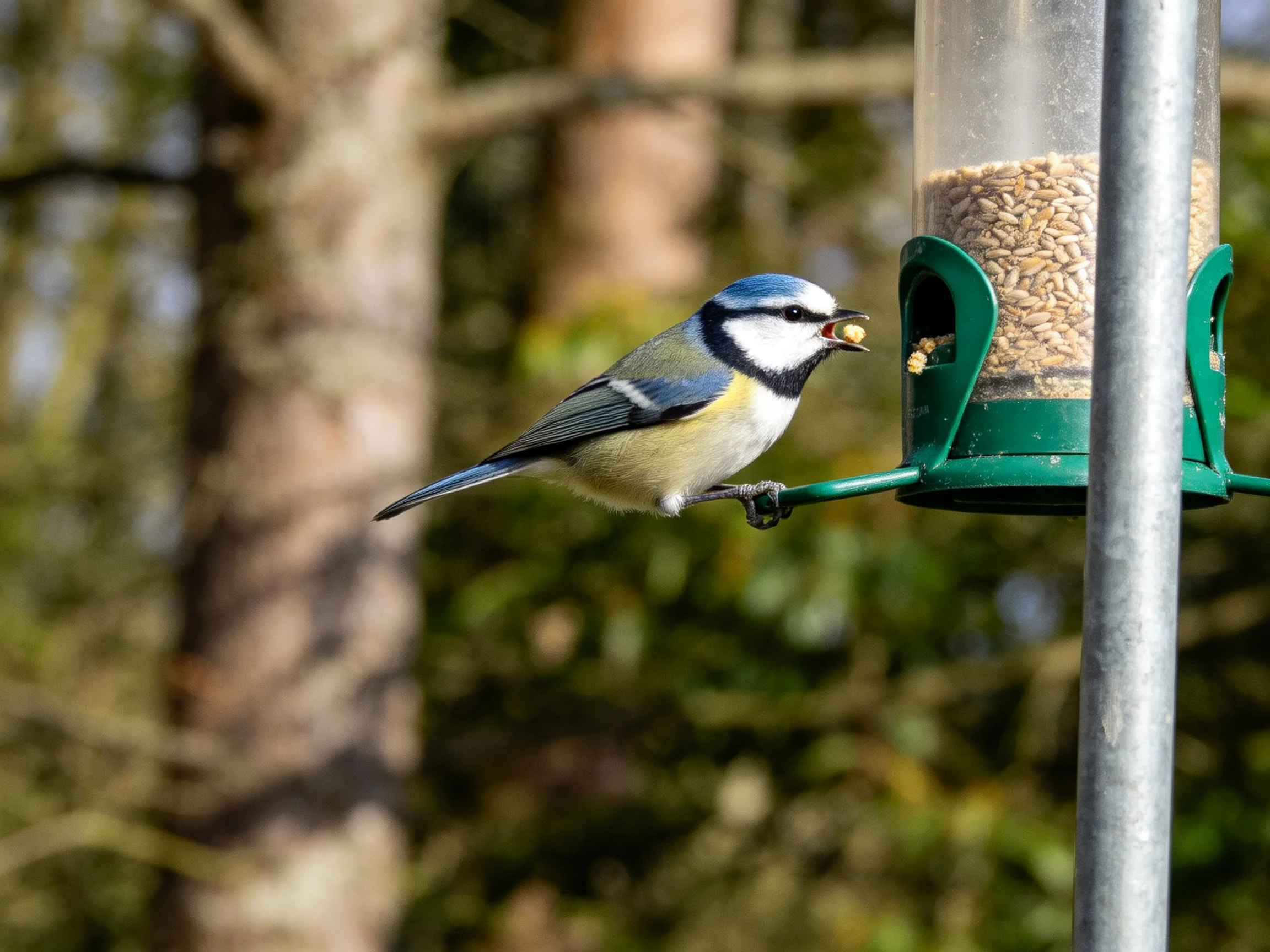 A blue tit feeding from a green bird feeder in a wooded area