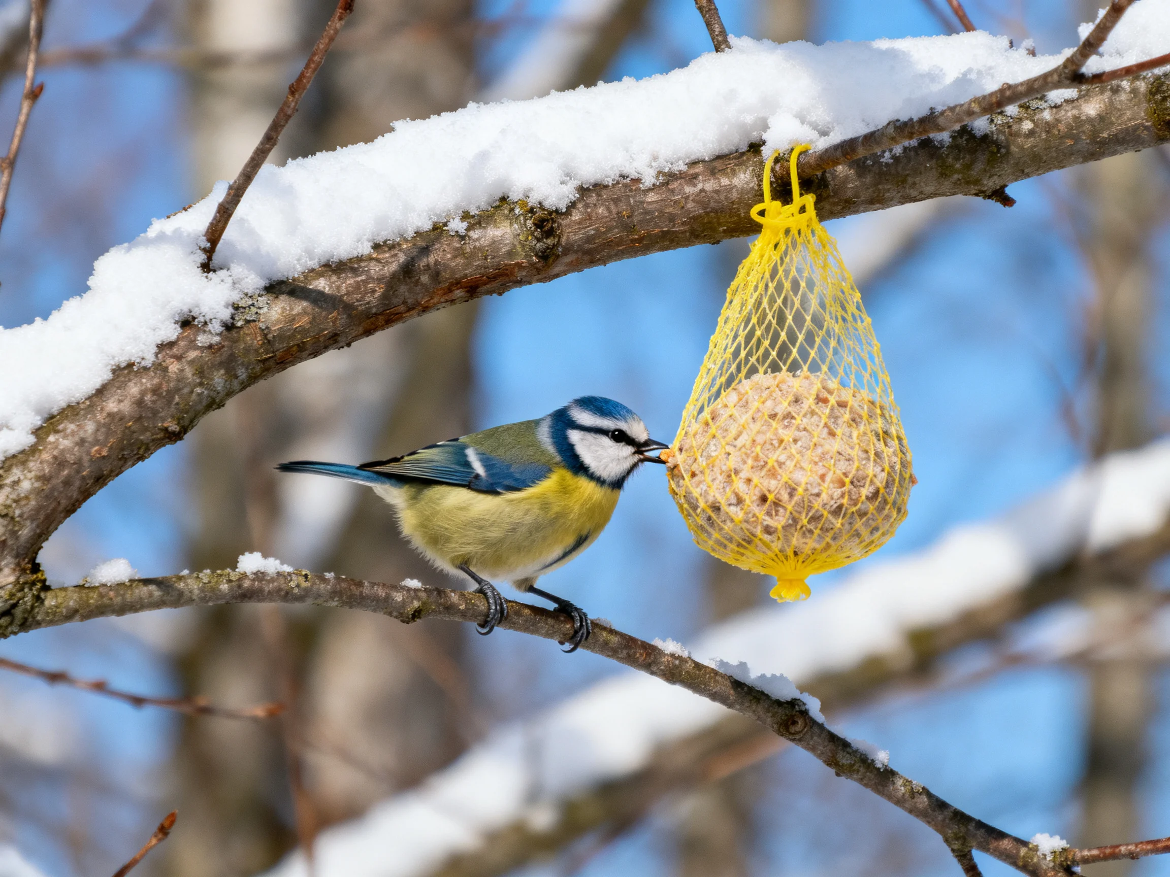 A blue tit feeding from a yellow mesh feeder on a snow-laden branch