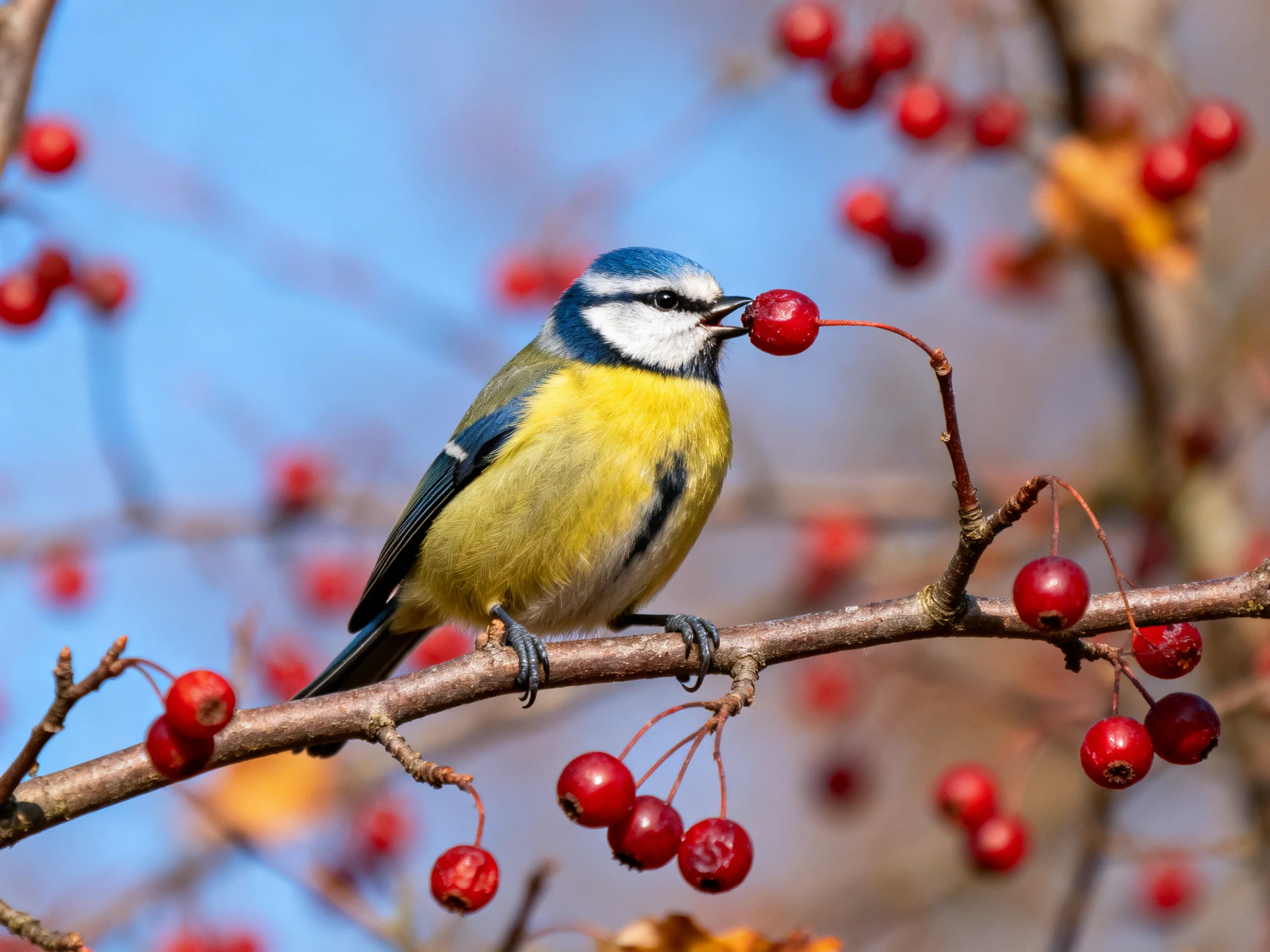 A blue tit feeding on bright red berries on a branch
