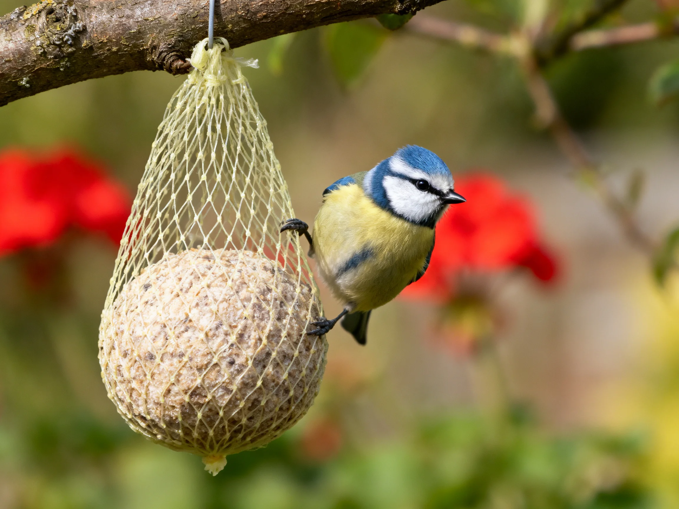A blue tit interacting with a netted spherical bird feeder near red flowers