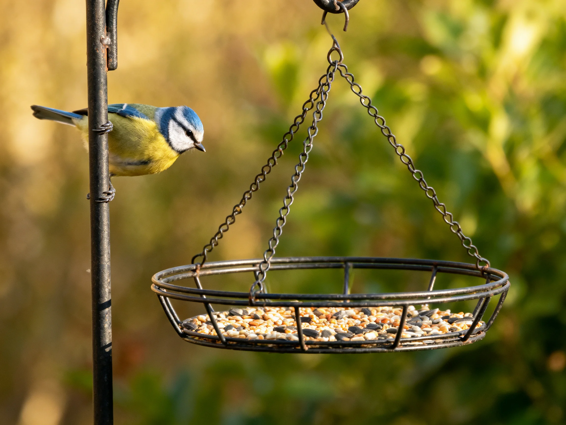 A blue tit near a hanging metal seed feeder