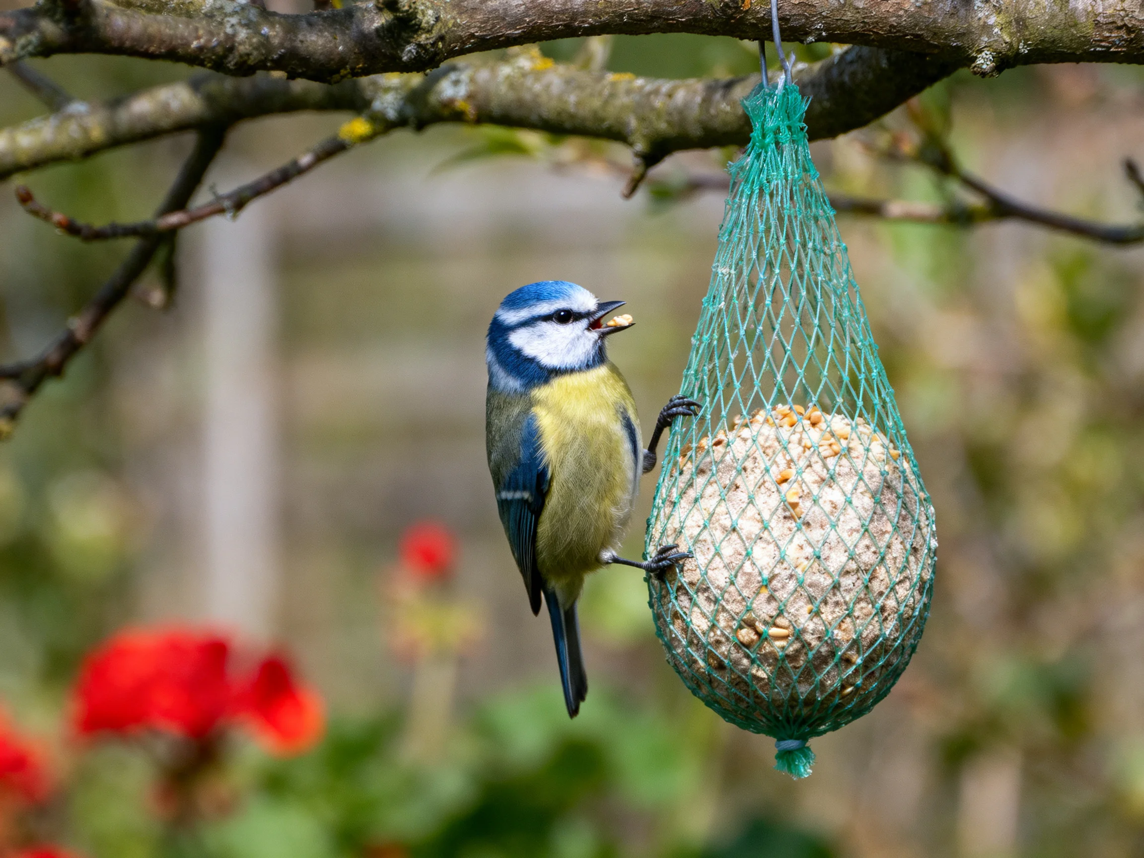 A blue tit on a green mesh bird feeder from a tree branch