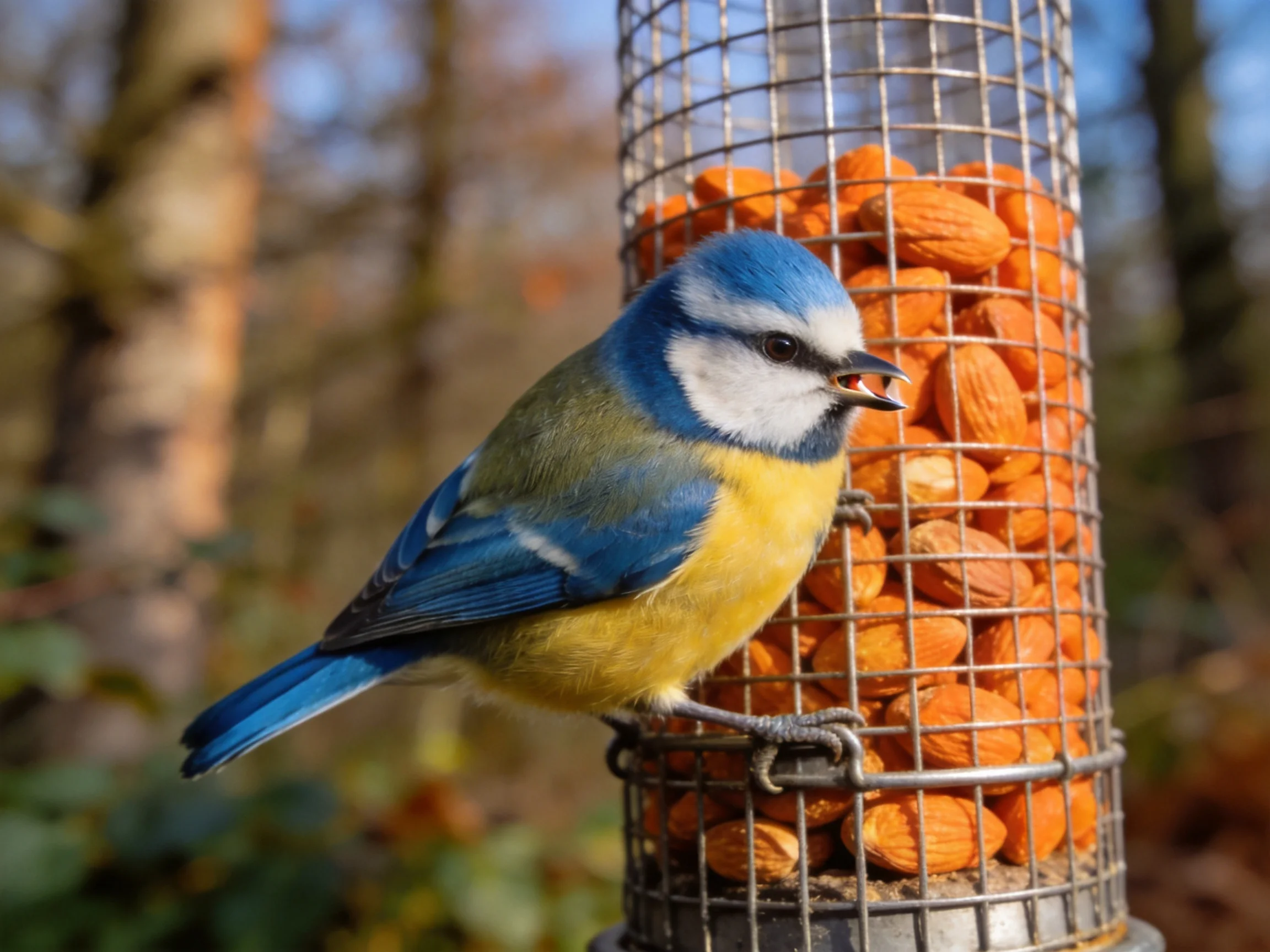 A blue tit on a nut-filled wire feeder in nature