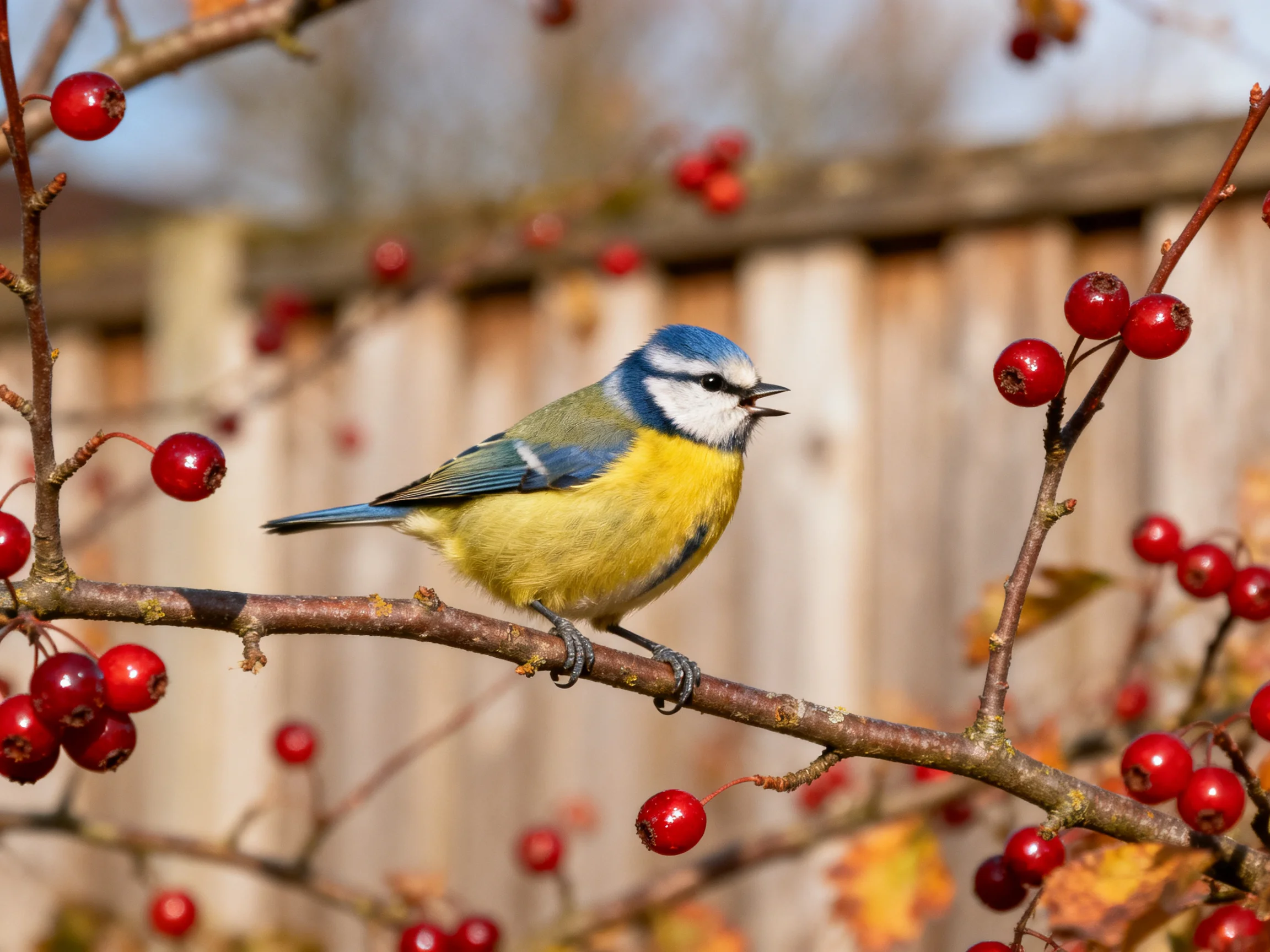 A blue tit sits on a branch surrounded by red berries with a wooden fence in the background.