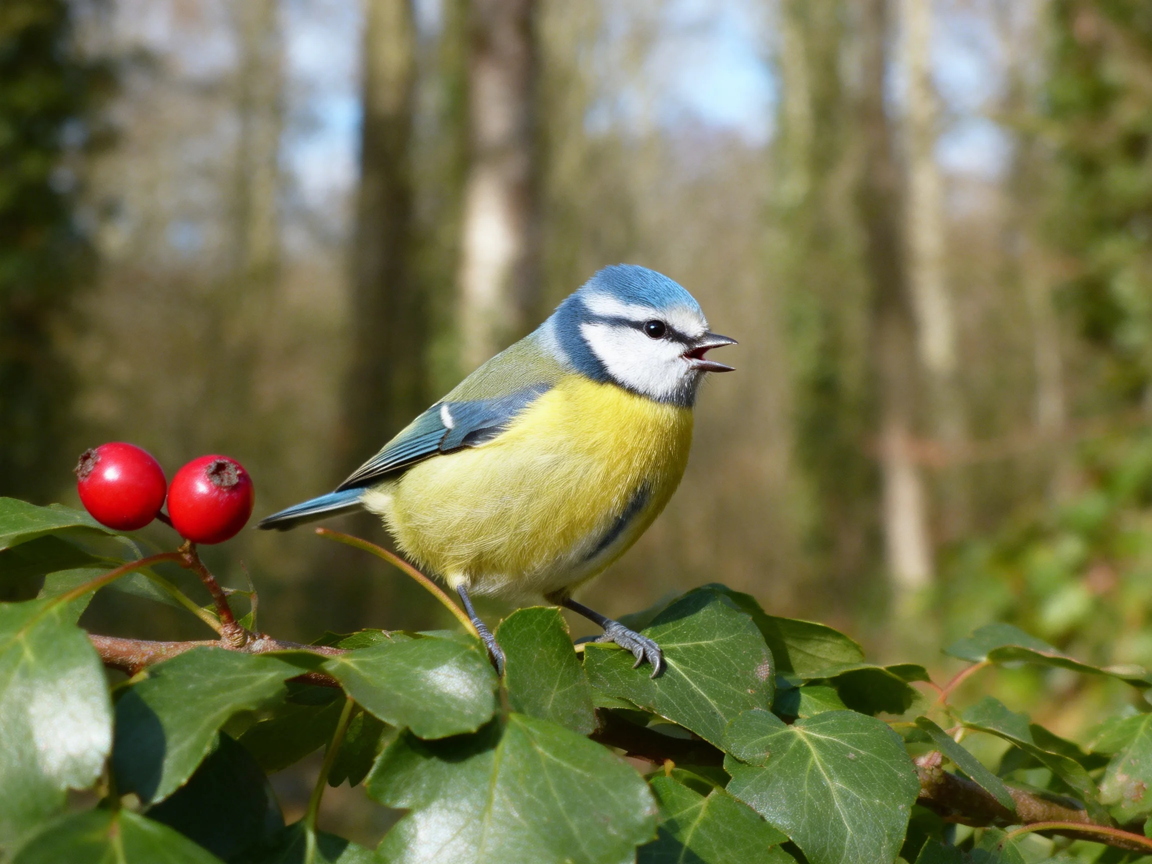 A blue tit perched near bright red berries on green foliage in a wooded area