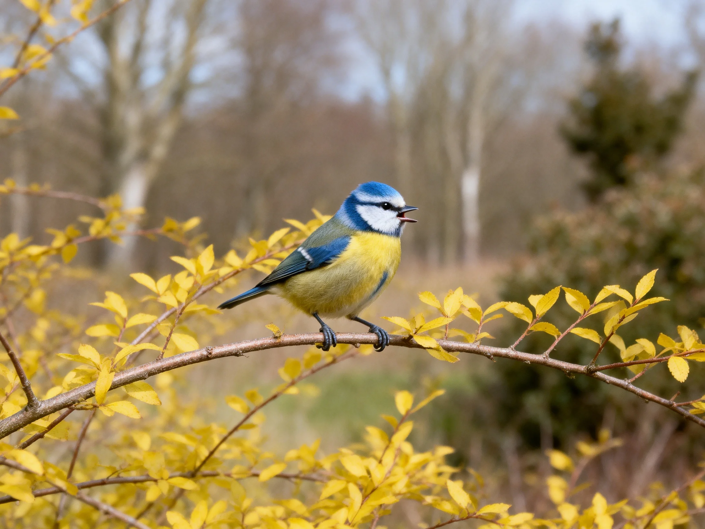 A blue tit perched on a branch with golden foliage