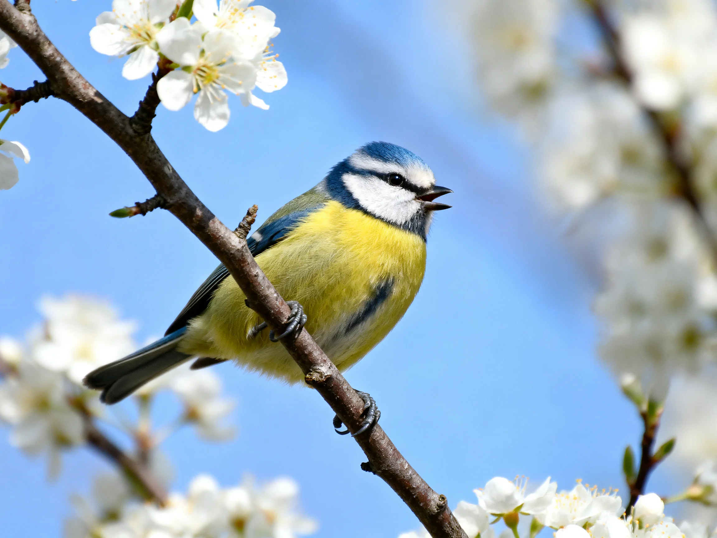 A blue tit perched on a flowering branch with white blossoms under a clear blue sky