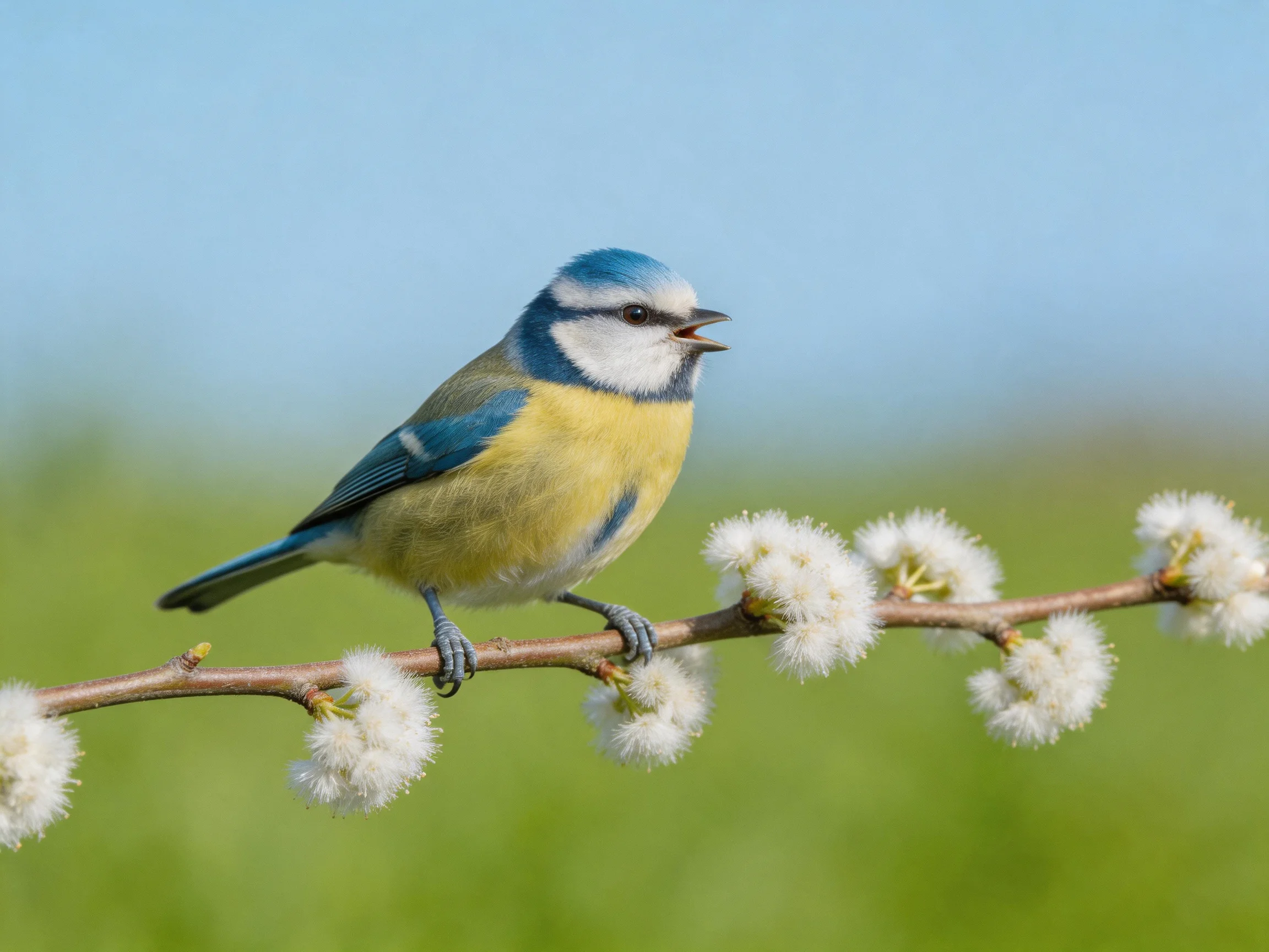 A blue tit perched on a flowering branch with white blossoms