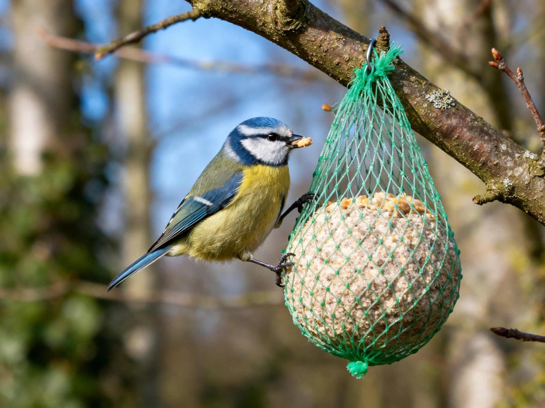 A blue tit perched on a green mesh bird feeder attached to a tree branch
