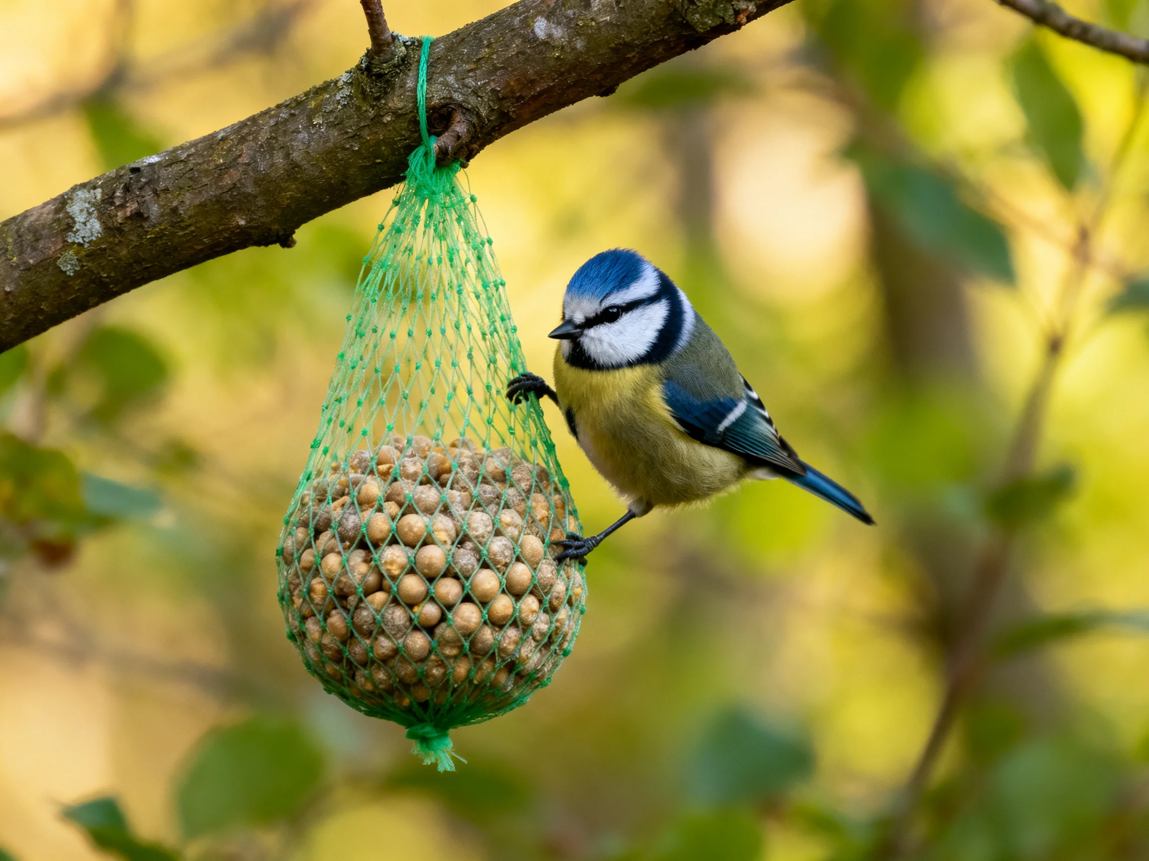 A blue tit perched on a green mesh seed feeder hanging from a brown tree branch