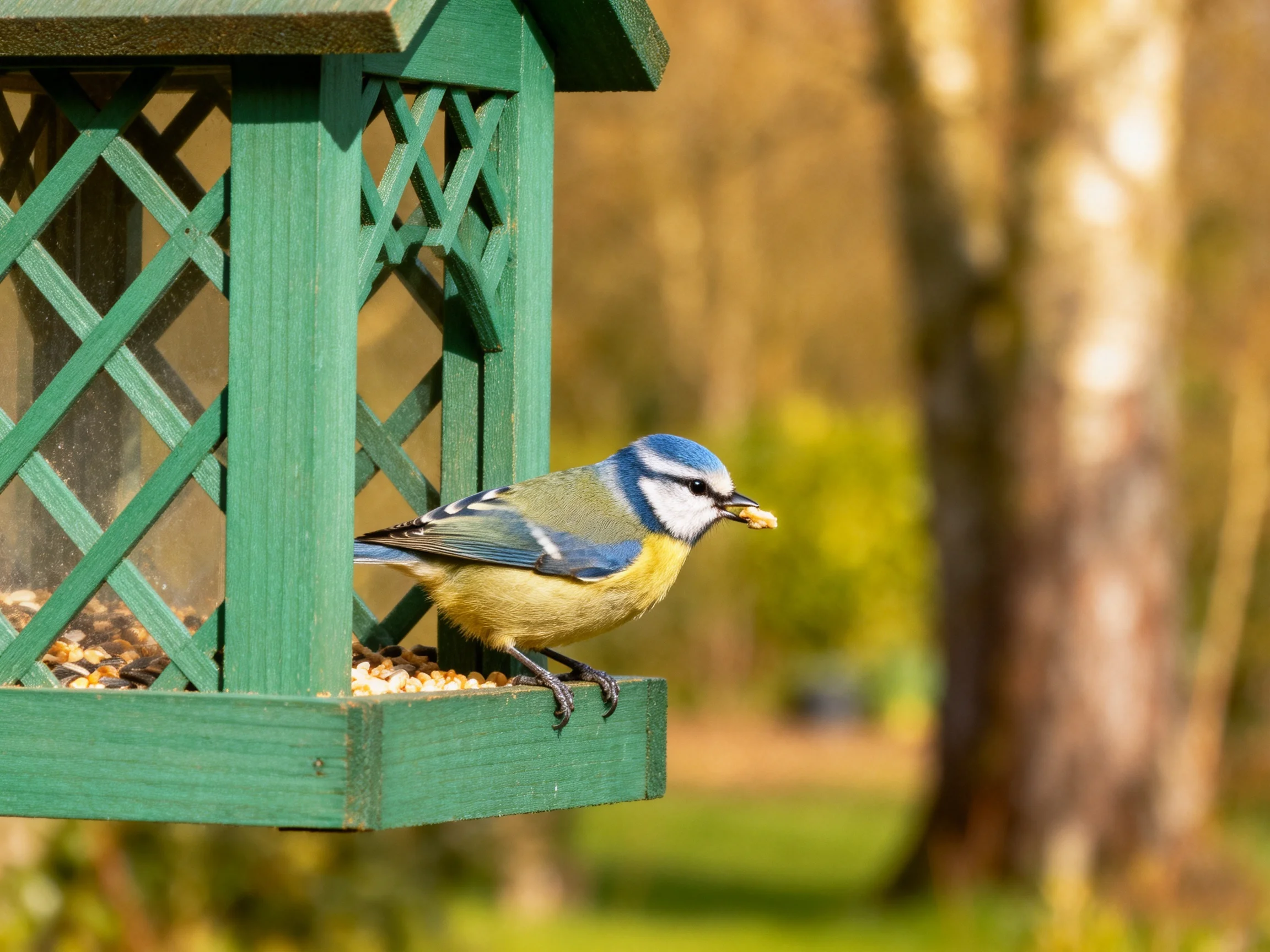 A blue tit perched on a green wooden bird feeder
