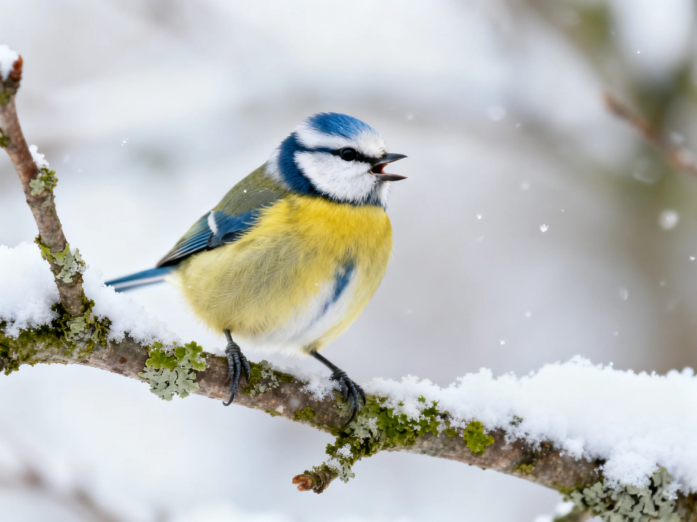 A blue tit perched on a snow-dusted lichen-covered branch