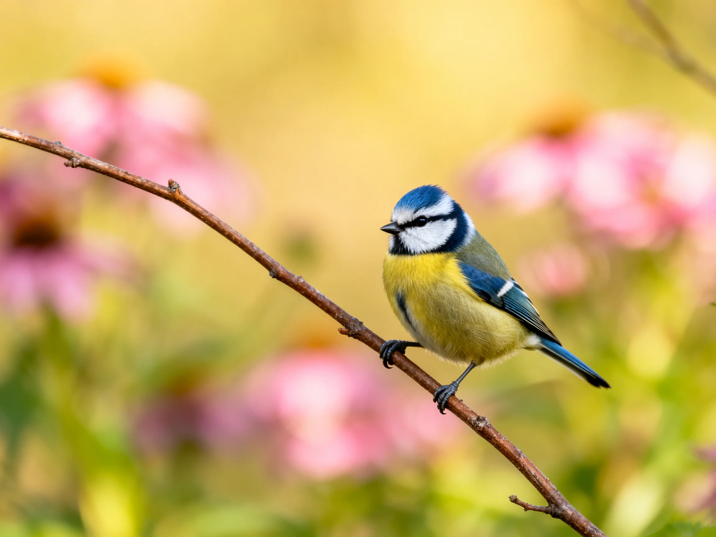 A blue tit perched on a thin brown branch near pink flowers