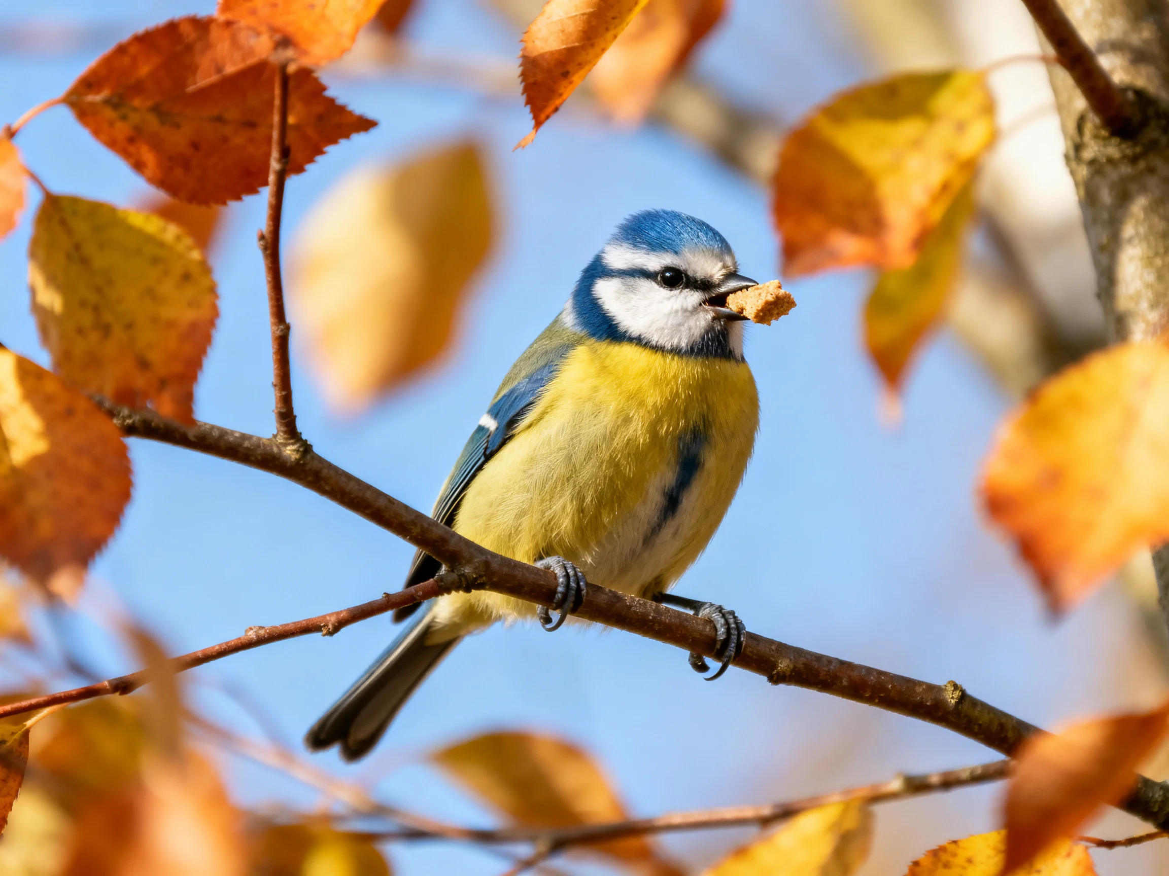 A blue tit perched on a tree branch amid vibrant autumn leaves