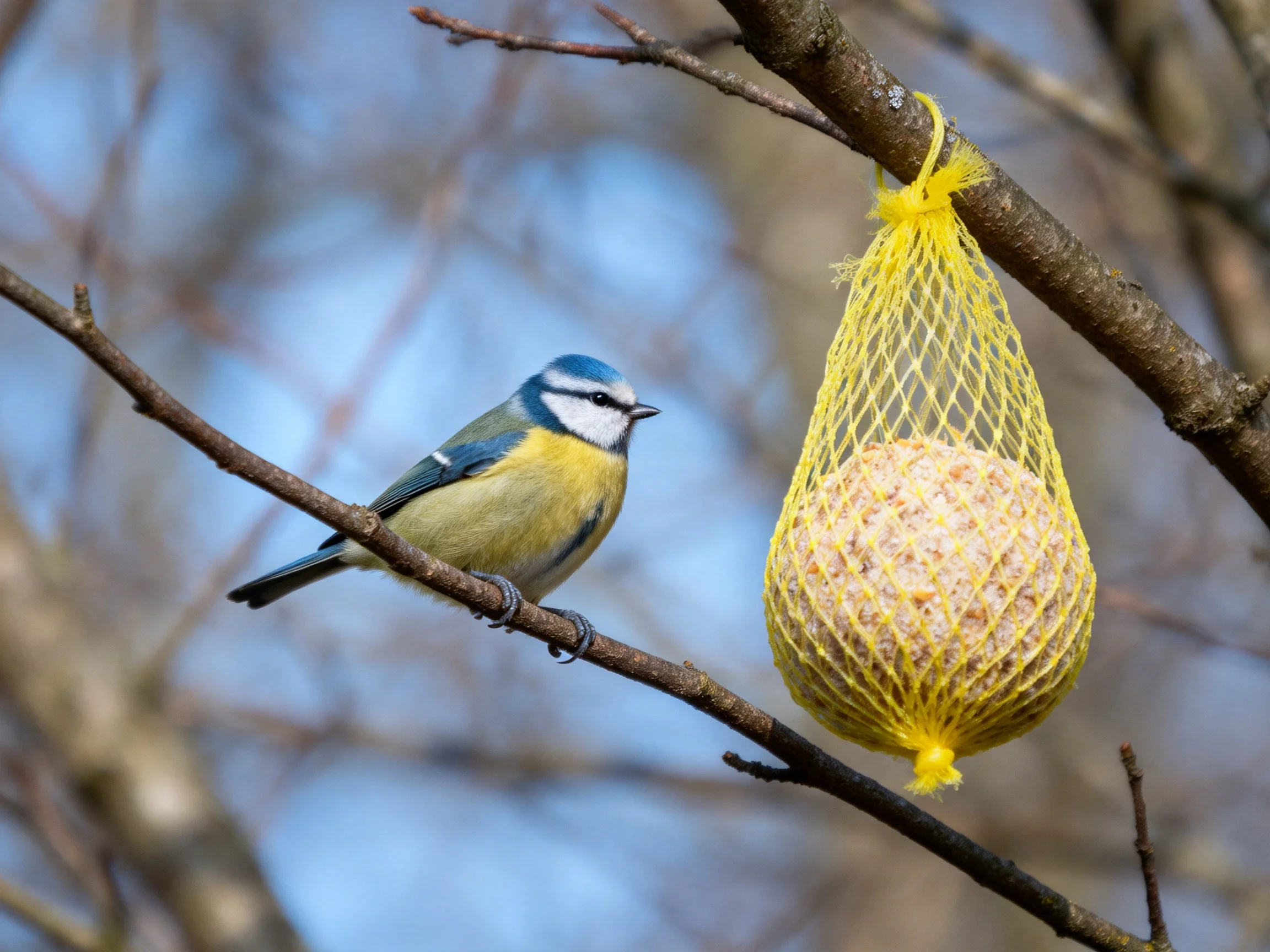 A blue tit perches near a yellow mesh bird feeder