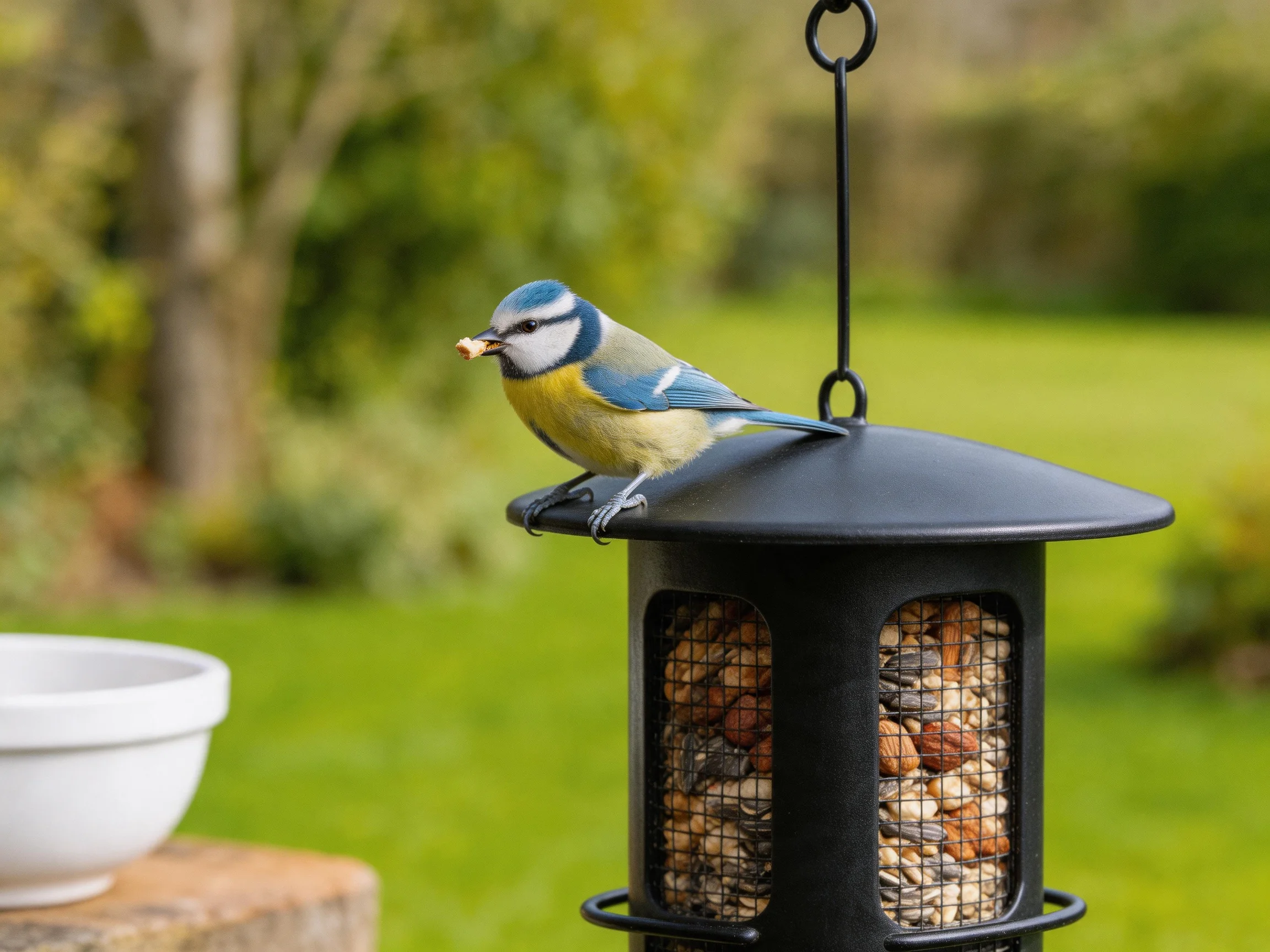A blue tit perches on a black seed-filled bird feeder in a garden