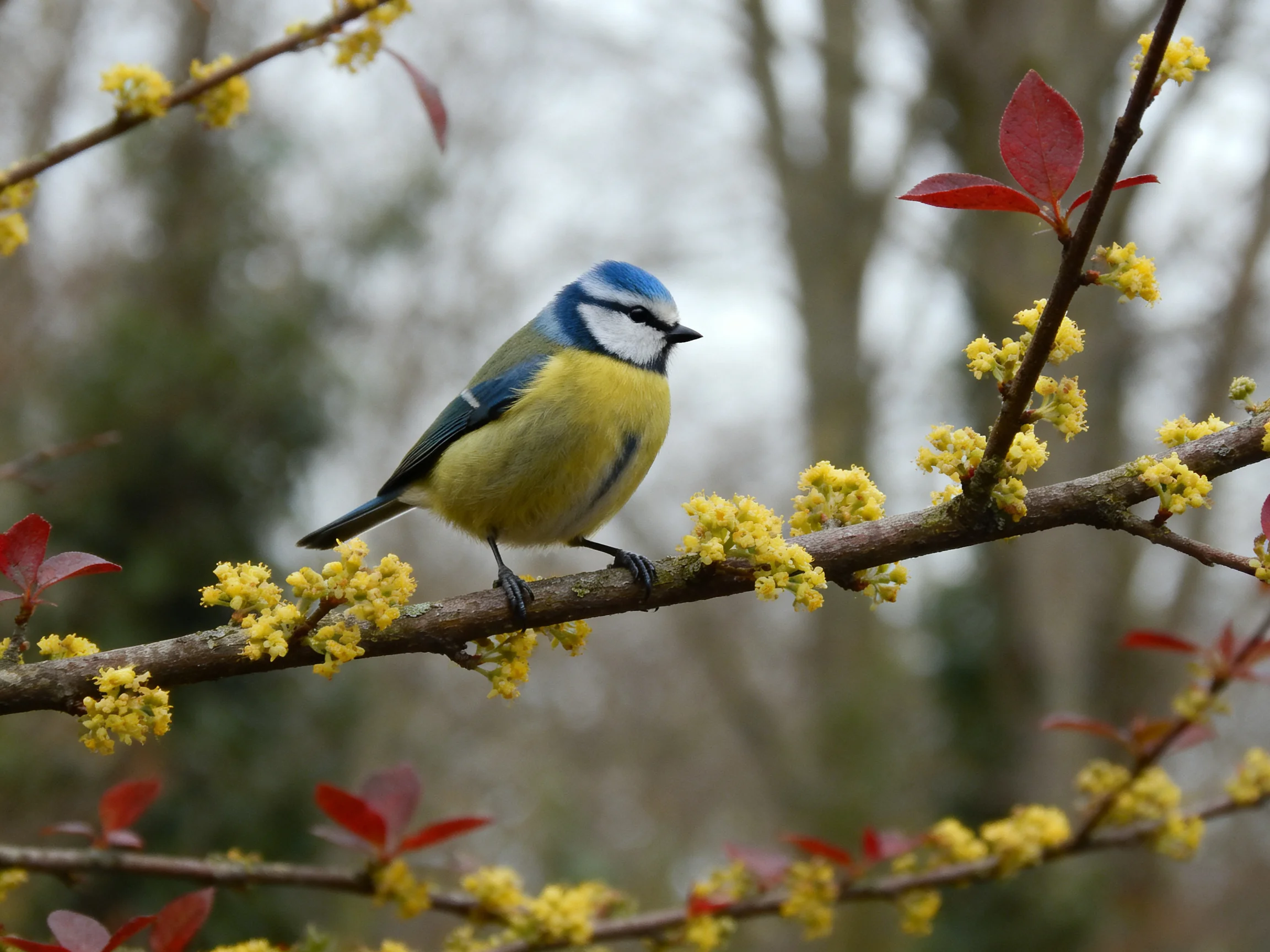 A blue tit perches on a branch with yellow blossoms and red leaves