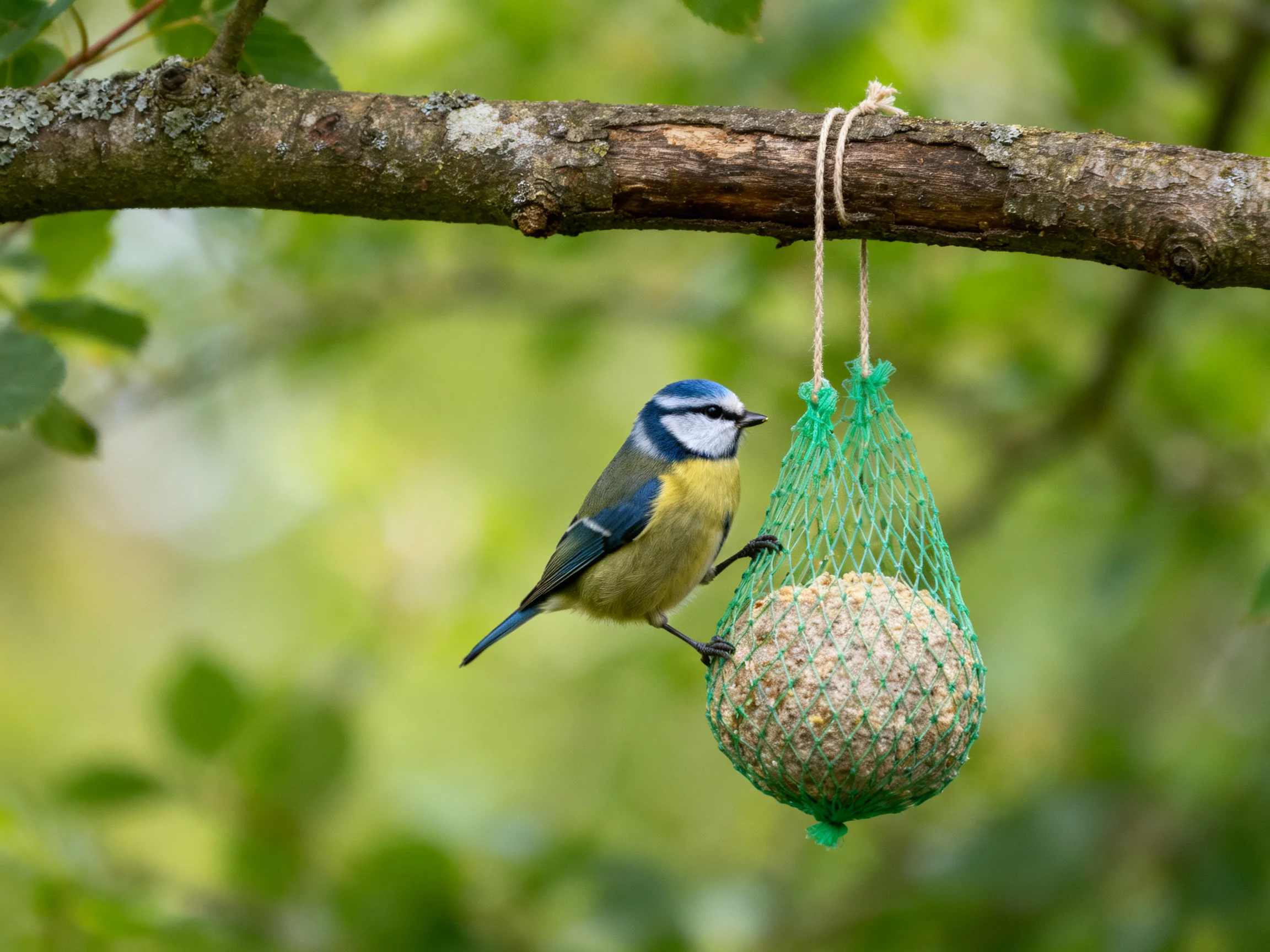 A blue tit perches on a green mesh bird feeder from a brown tree branch