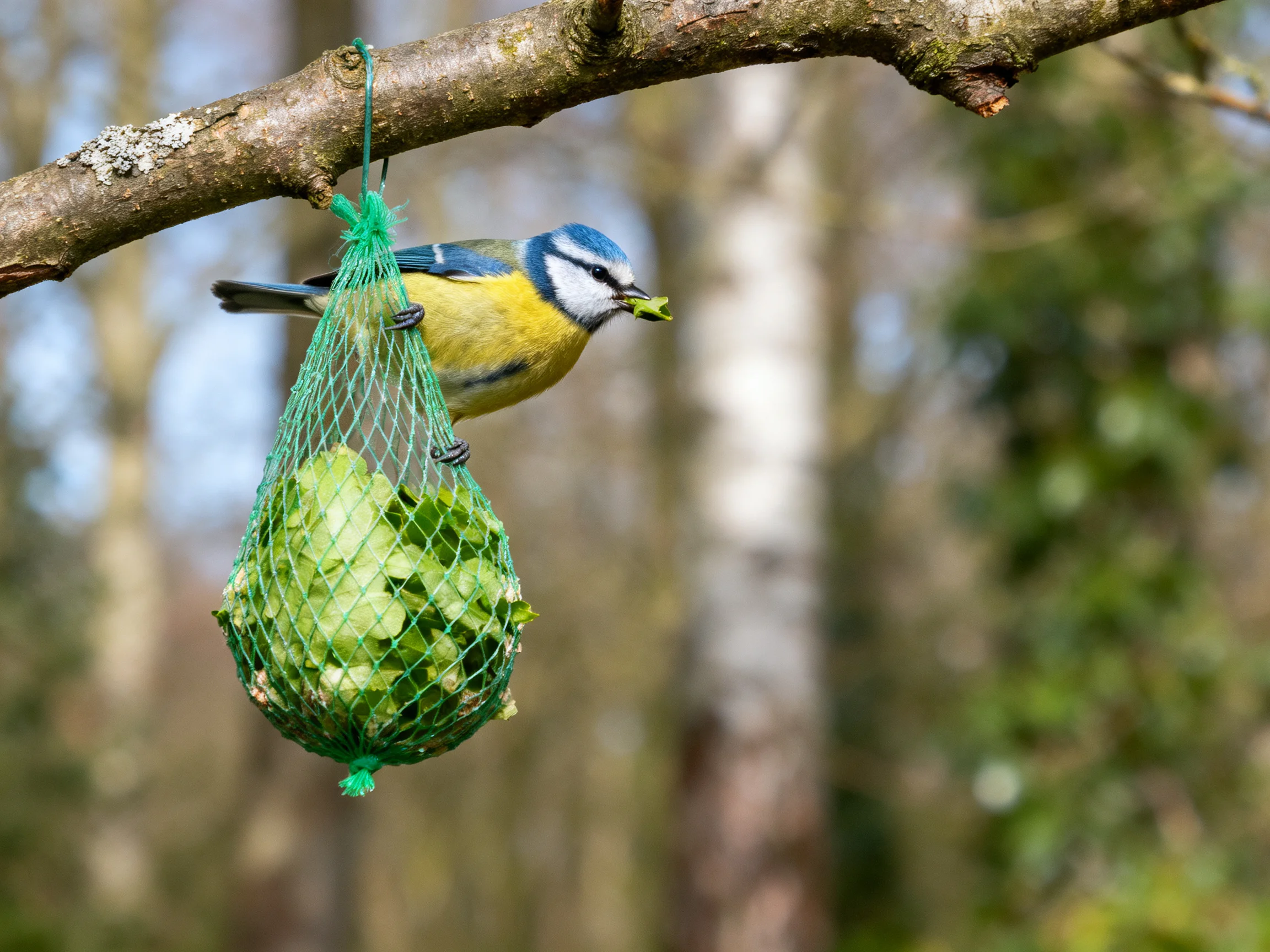 A blue tit perches on a green mesh feeder with leafy greens