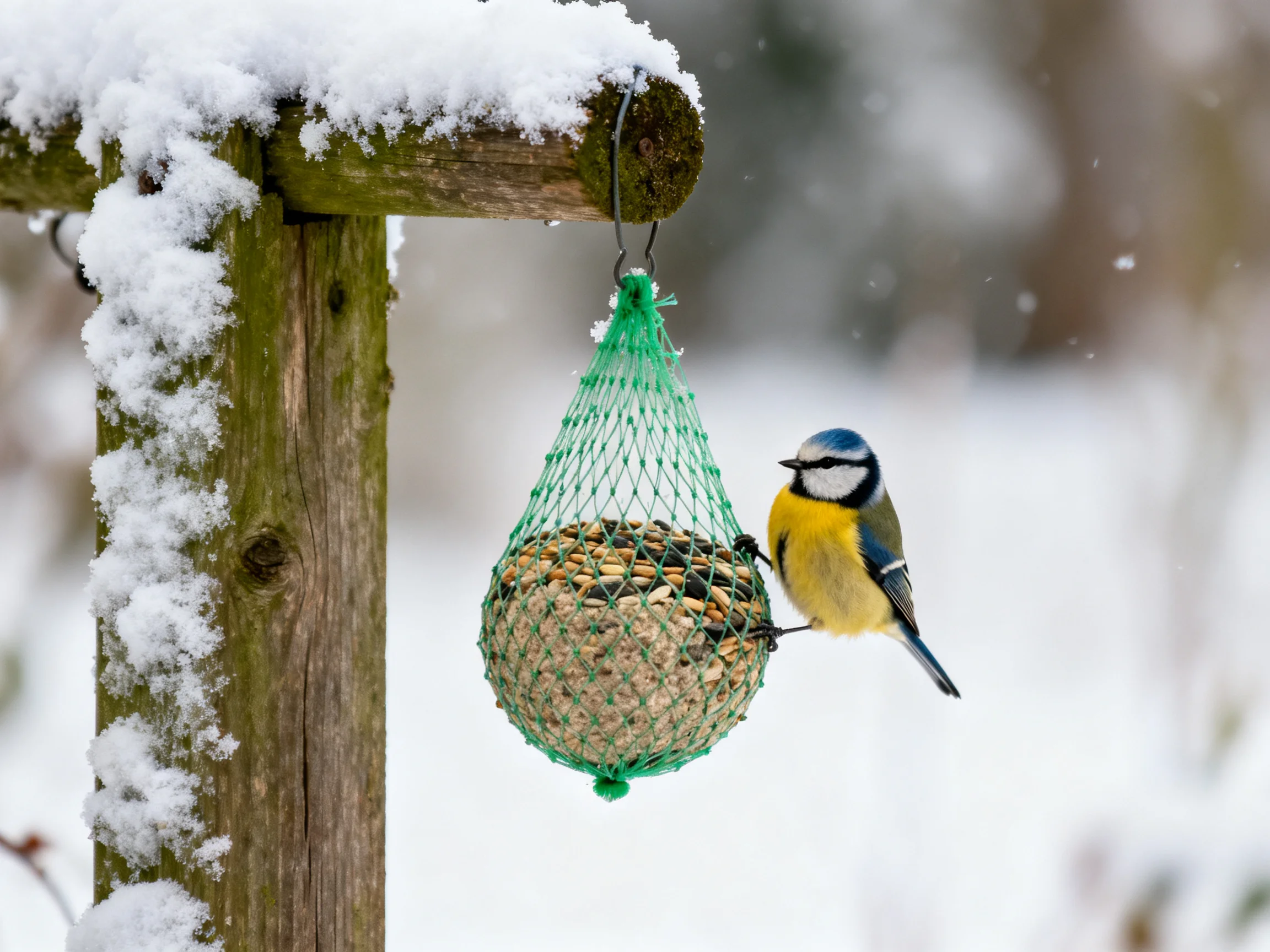 A blue tit perches on a green net bird feeder near a snow-covered wooden post