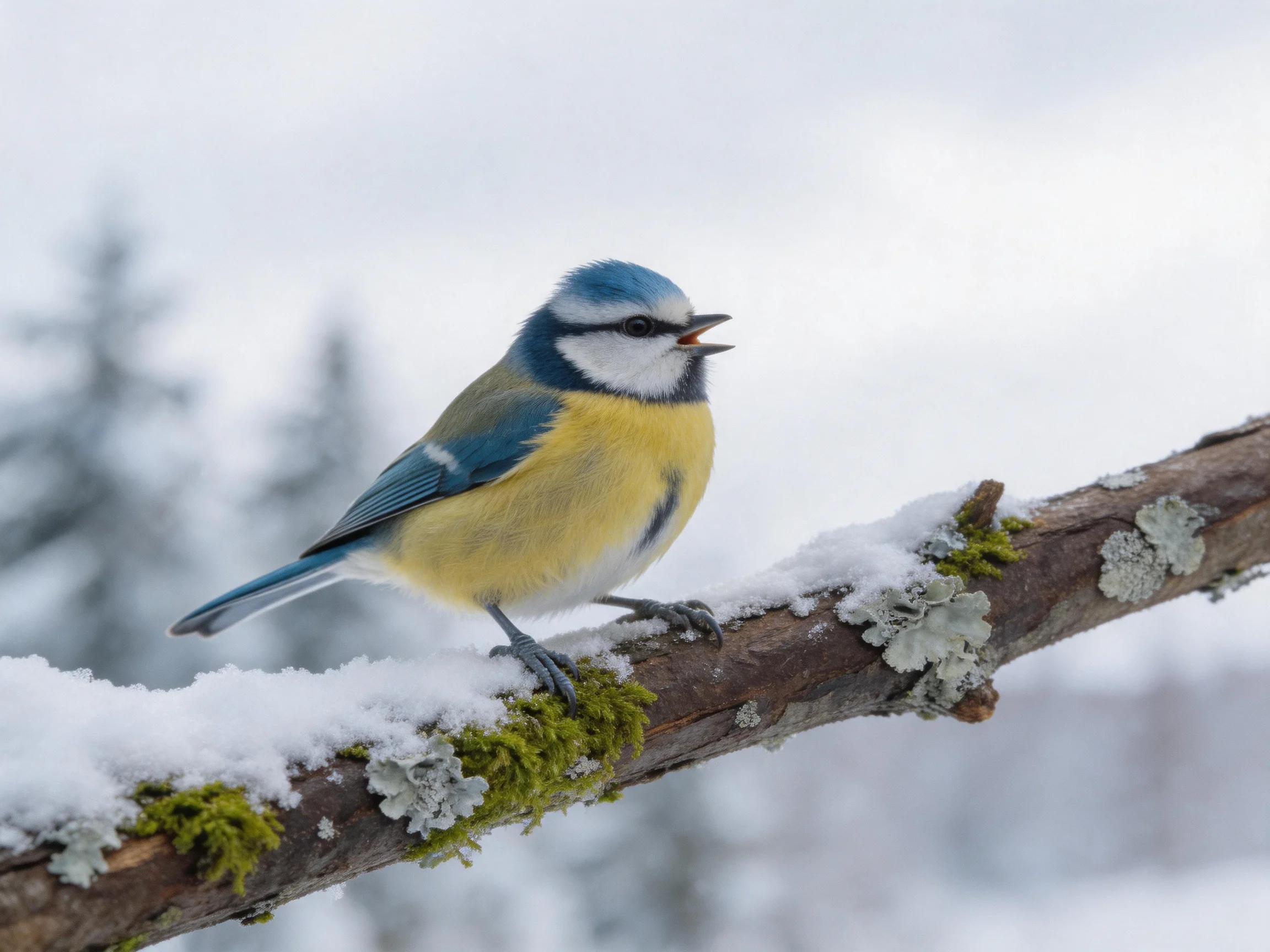 A blue tit perches on a snow-dusted, mossy branch