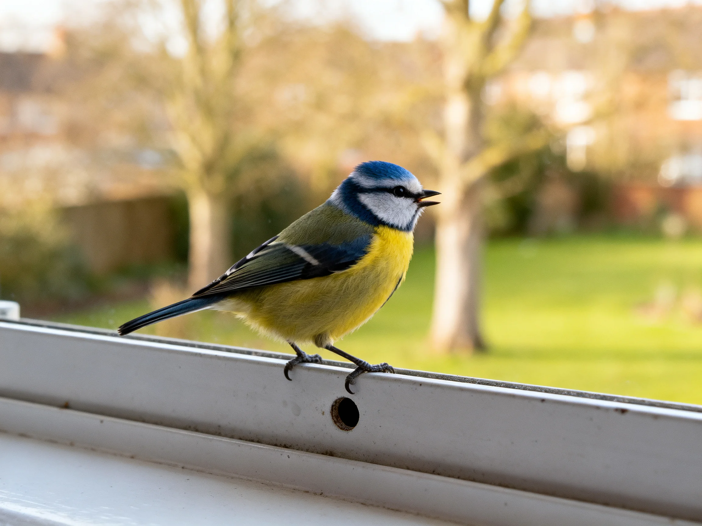 A blue tit perches on a white window frame with greenery behind