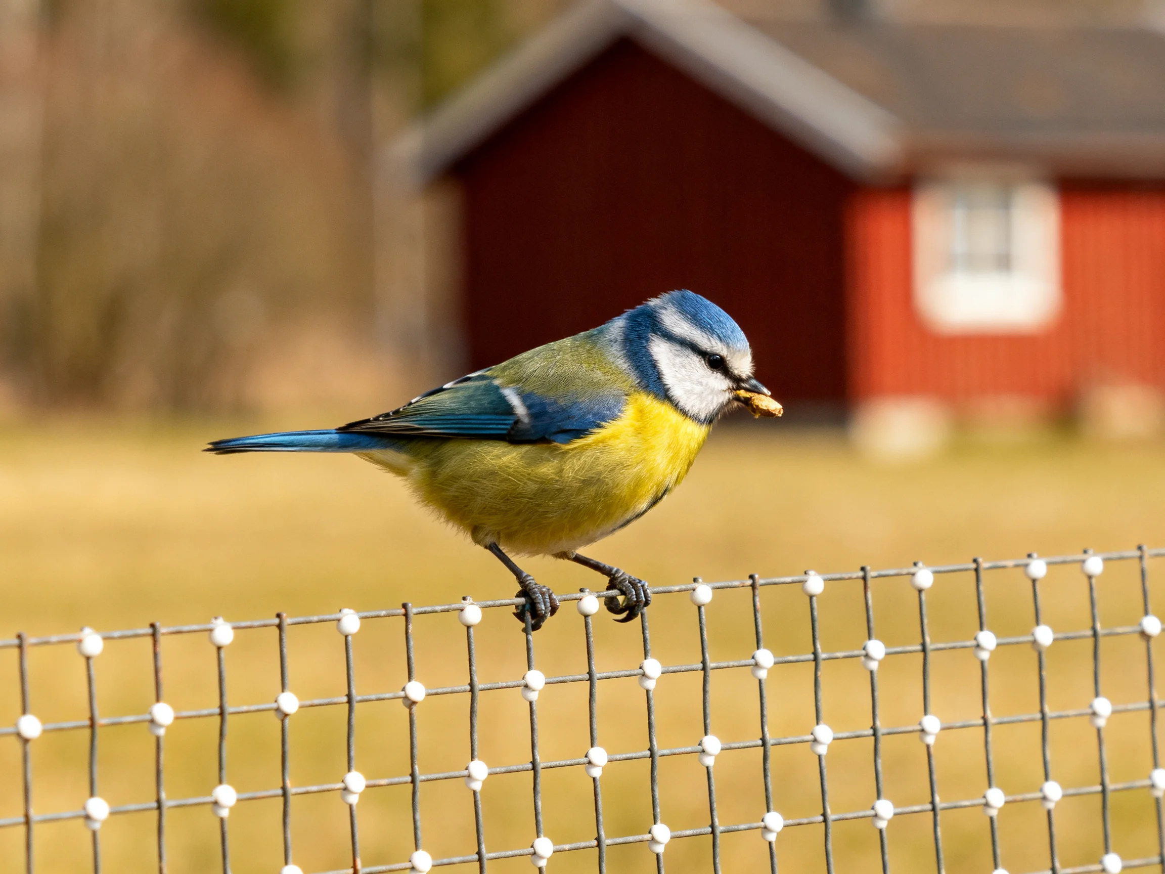 A blue tit perches on a wire fence near a red wooden cabin
