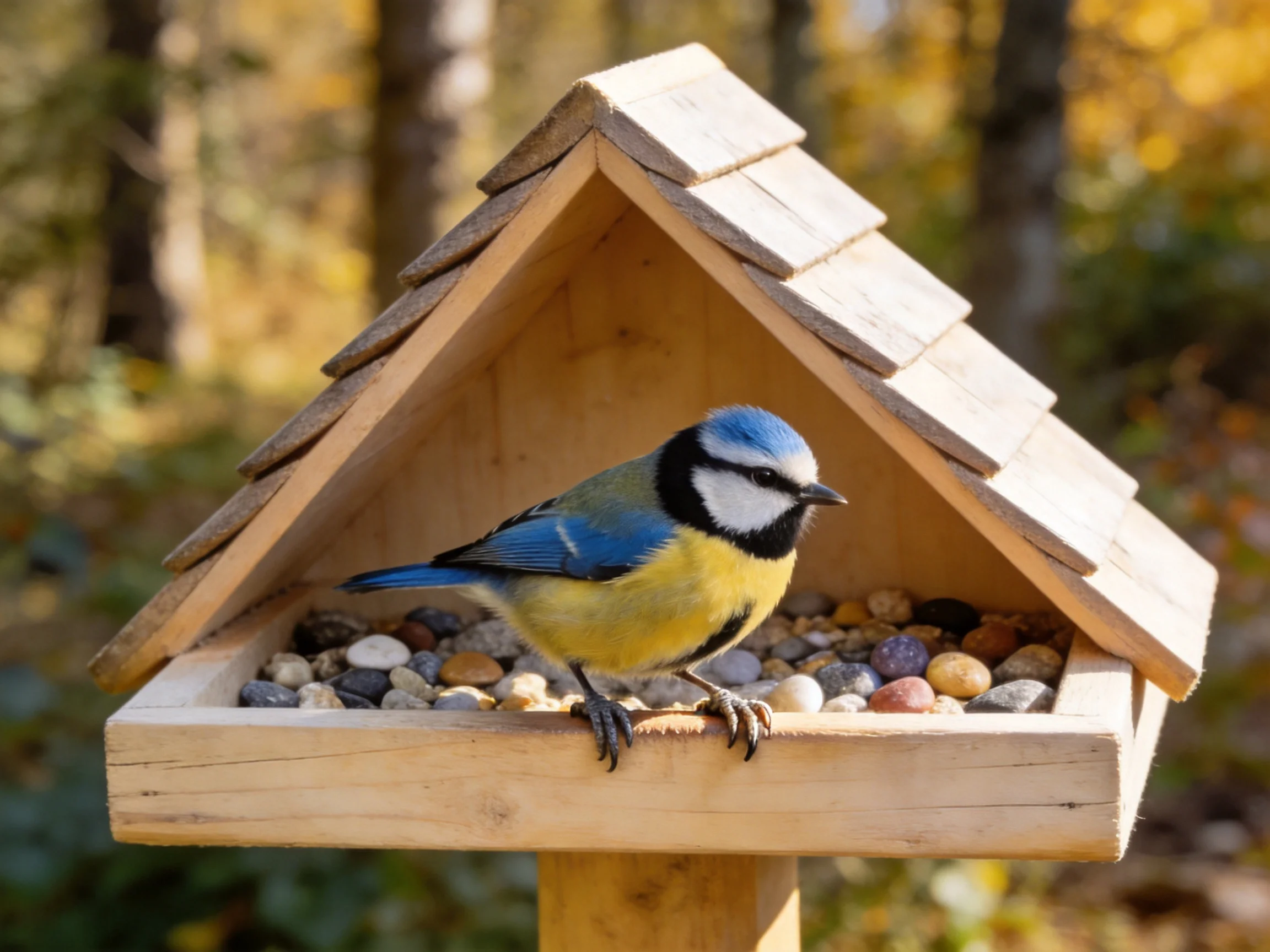 A blue tit perches on a wooden bird feeder with colorful pebbles