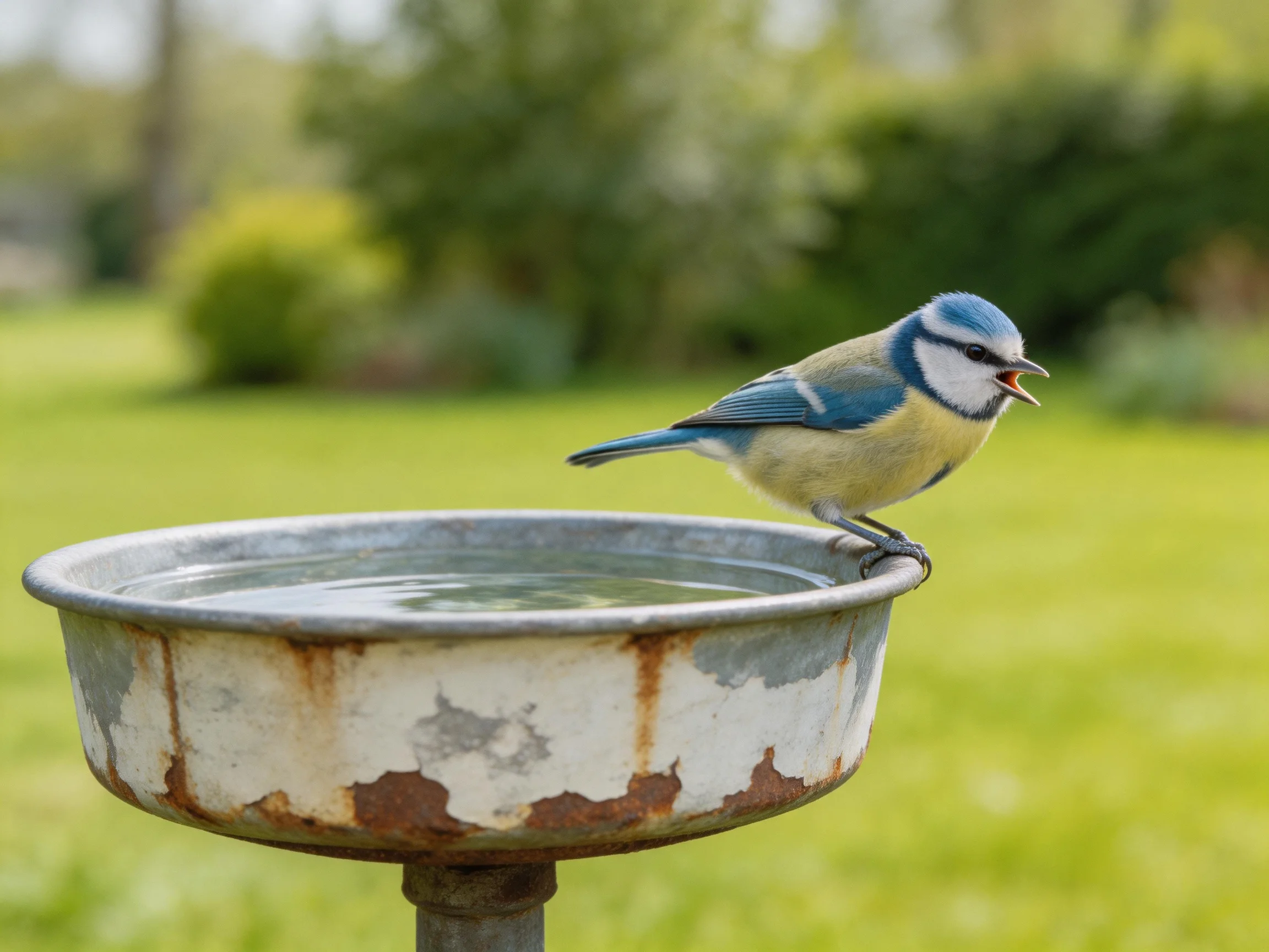 A blue tit perches on an aged metal birdbath in a green garden